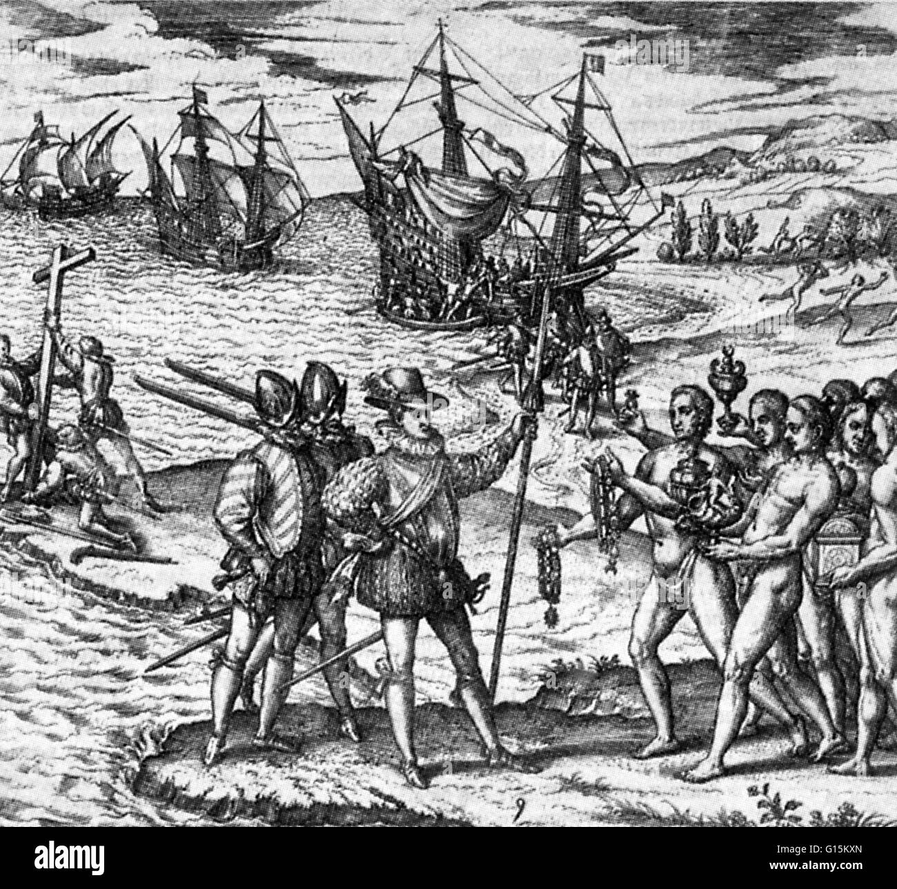 Columbus erhält Geschenke von Eingeborenen aus Gold gemacht, als er im Dezember 1492 in Hispaniola eintrifft. Nach seiner Rückkehr nach Spanien präsentierte er die Geschenke an den Hof in Barcelona im Jahre 1493. Stockfoto