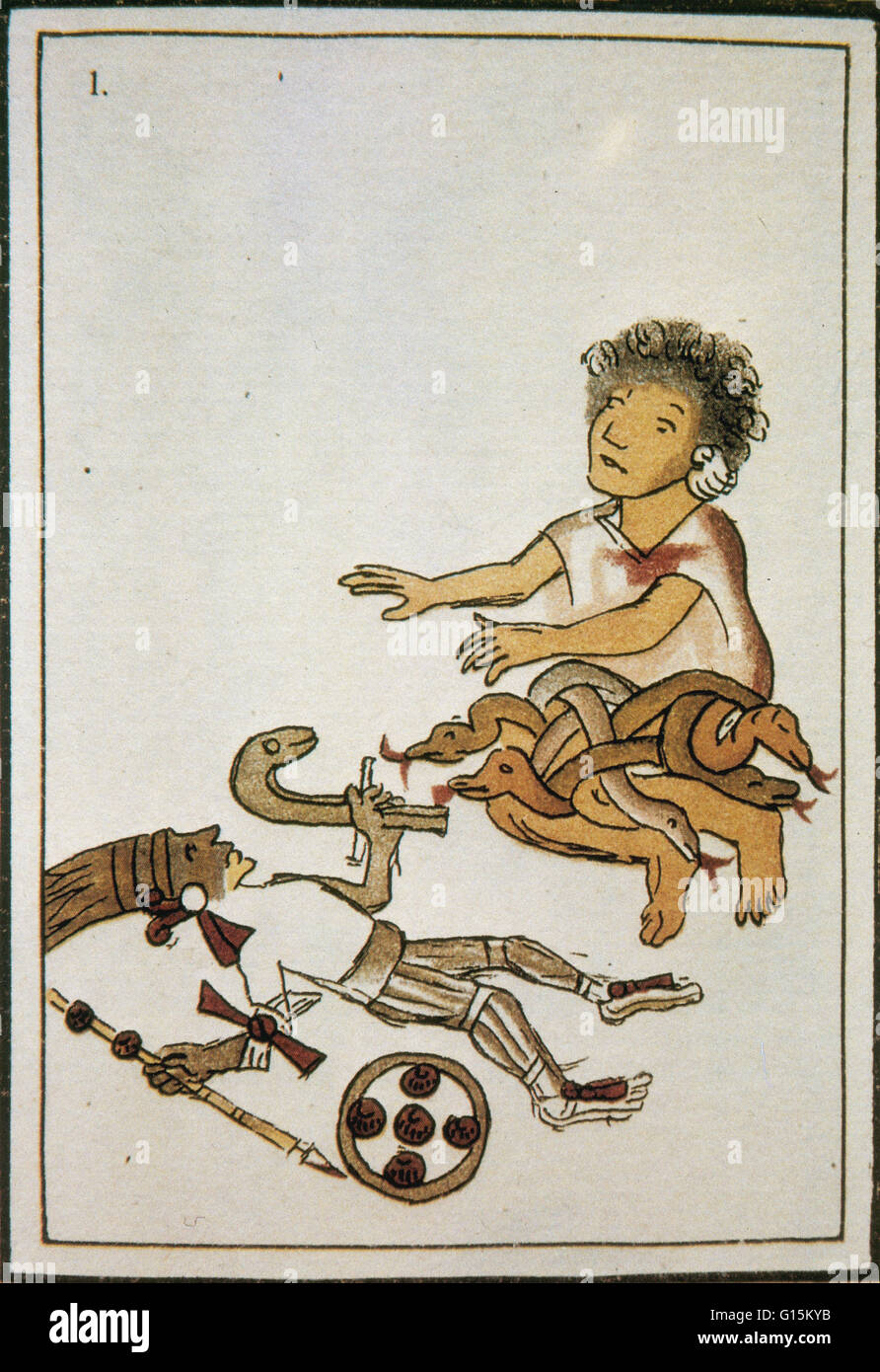 Quetzalcoatl gebiert Huitzilopochtli, aus dem florentinischen Kodex. In der aztekischen Religion war Huitzilopochtli ein Gott des Krieges, Sonne, Menschenopfer und der Schutzpatron der Stadt Tenochtitlán. Er war auch der nationalen Gott des Mexicas Tenochtitlan. Die myt Stockfoto