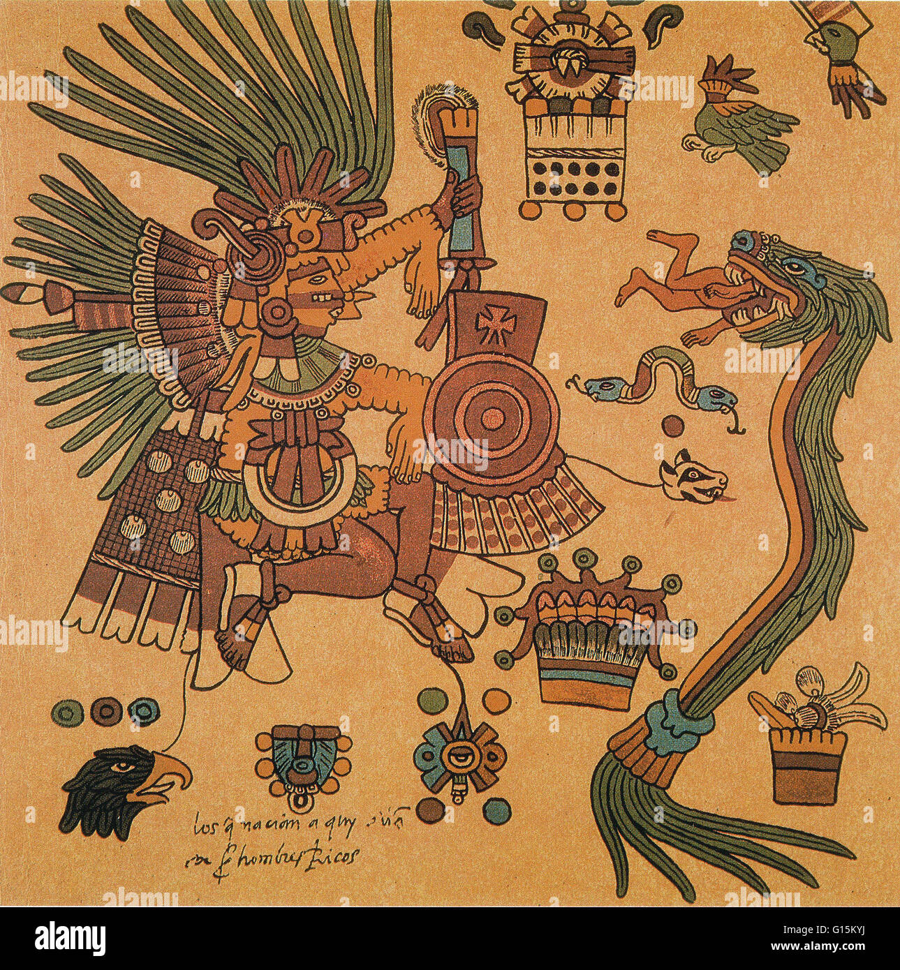 Quetzalcoatl ist eine mesoamerikanischen Gottheit, deren Name stammt aus dem Nahuatl-Sprache und hat die Bedeutung von "gefiederte Schlange". Quetzalcoatl bezog sich auf Götter des Windes, der Venus, der Morgenröte, der Kaufleute und der Kunst, Handwerk und wissen. Er war auch th Stockfoto