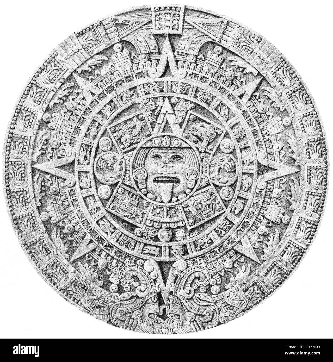 Abbildung des aztekischen Kalenders. Die kostbarste Reliquie des präkolumbianischen Kultur in Mexiko ist der aztekischen Kalender Stein (misst 13 Fuß im Durchmesser und wiegt 24 Tonnen und in porphyrisch Basalt gehauen). Eine Mischung aus Wissenschaft und Az Stockfoto