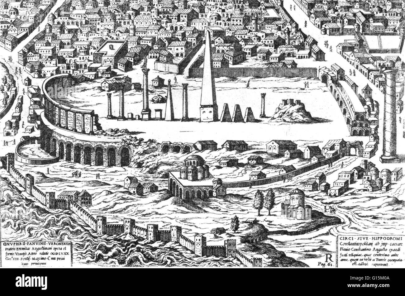 Ruinen des Hippodroms, aus einem Kupferstich von Onofrio Panvinio. Die Gravur, datiert 1580, basierte auf einer Zeichnung aus dem späten 15. Jahrhundert, kurz bevor die Türken Constantinople nahm (1453). Spina, das stand im Mittelpunkt der Wagen-Rennstrecke Stockfoto