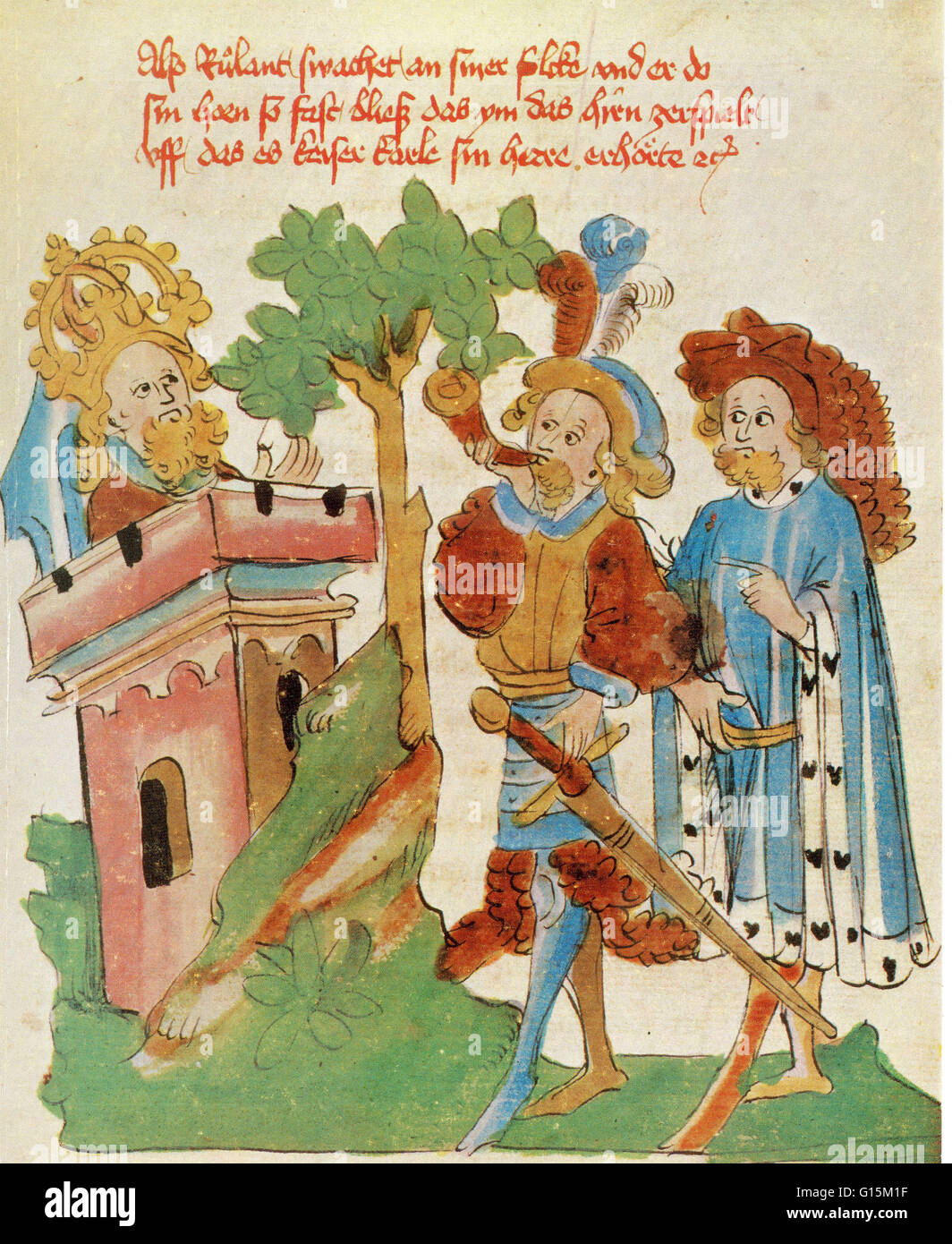 Karl der große hört Roland sein Horn bläst. Bild von Strickers Karl der Grosse, Manuskript von Bonn, 1450. Roland ist in vielerlei Hinsicht der perfekte Ritter. Stark, mutig und ehrlich ist er von seinem König, Karl der große, geliebt und verehrt von seinen Männern. Er hat o Stockfoto