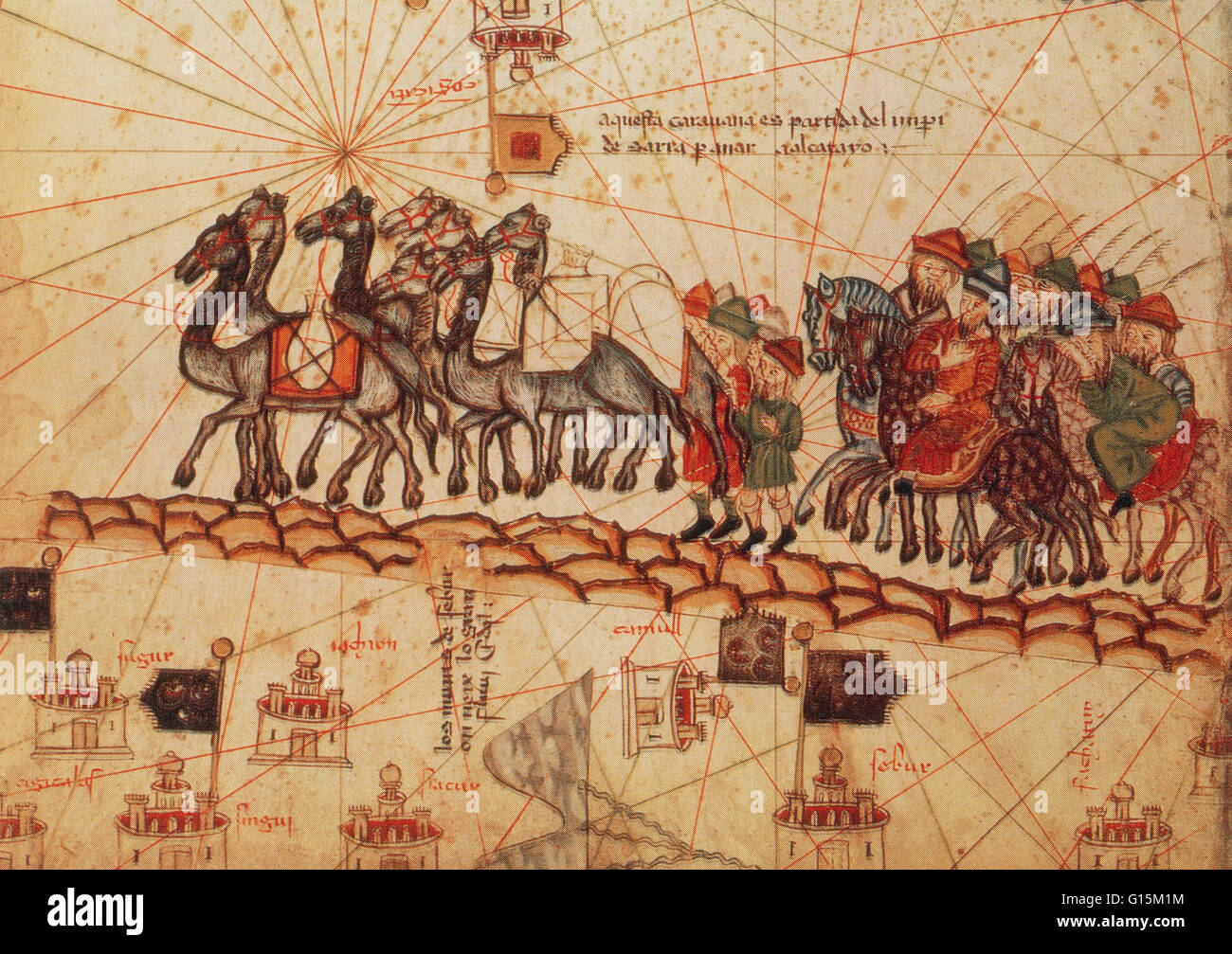 Marco Polo Wohnwagen, in einer Abbildung aus dem katalanischen Atlas ca. 1375. Marco Polo (1254-1324) war ein venezianischer Kaufmann Reisender und die berühmtesten Bewohner des Westens an der Seidenstraße gereist sein. Er übertraf die anderen Reisenden in seiner Entschlossenheit, Stockfoto