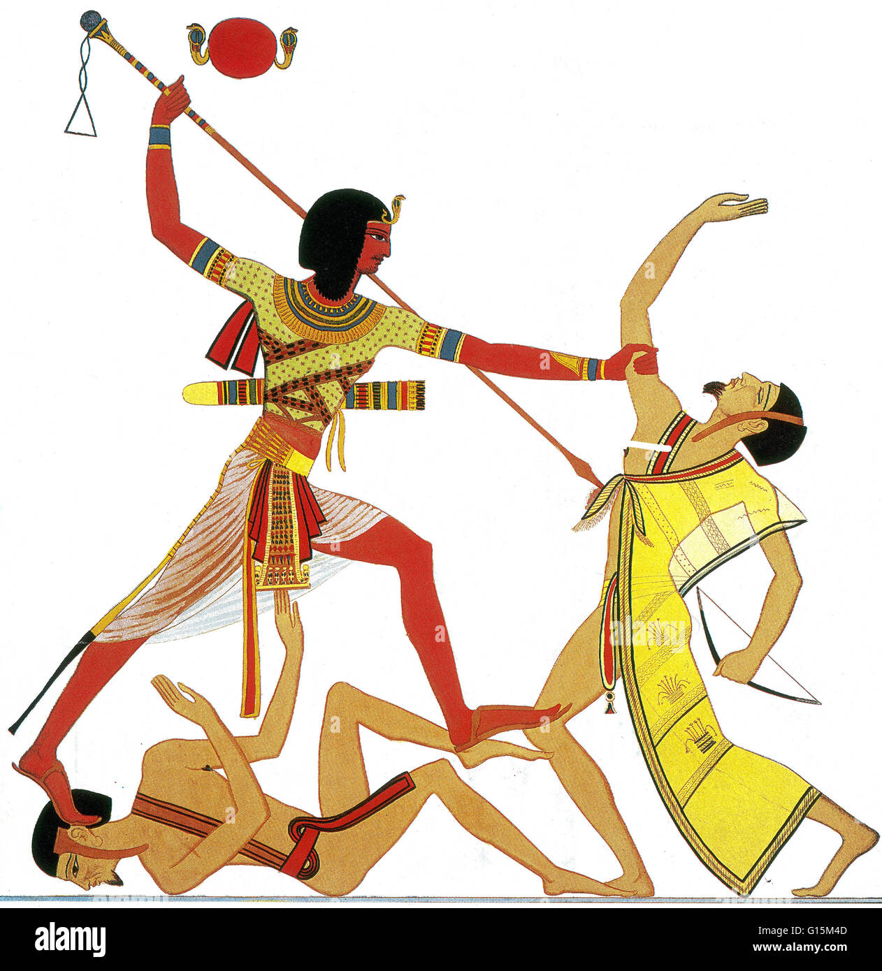 Hand farbige Radierung von 'Neapolitaner Dell' Egitto e della Nubia "von Ippolito Rosellini aus einem Wandrelief am großen Tempel von Abu Simbel. Zeigt Ramses II zu einen libyschen Feind mit seinem Speer aufzuspießen, während er trampelt ein weiterer Feind hat er schon k Stockfoto