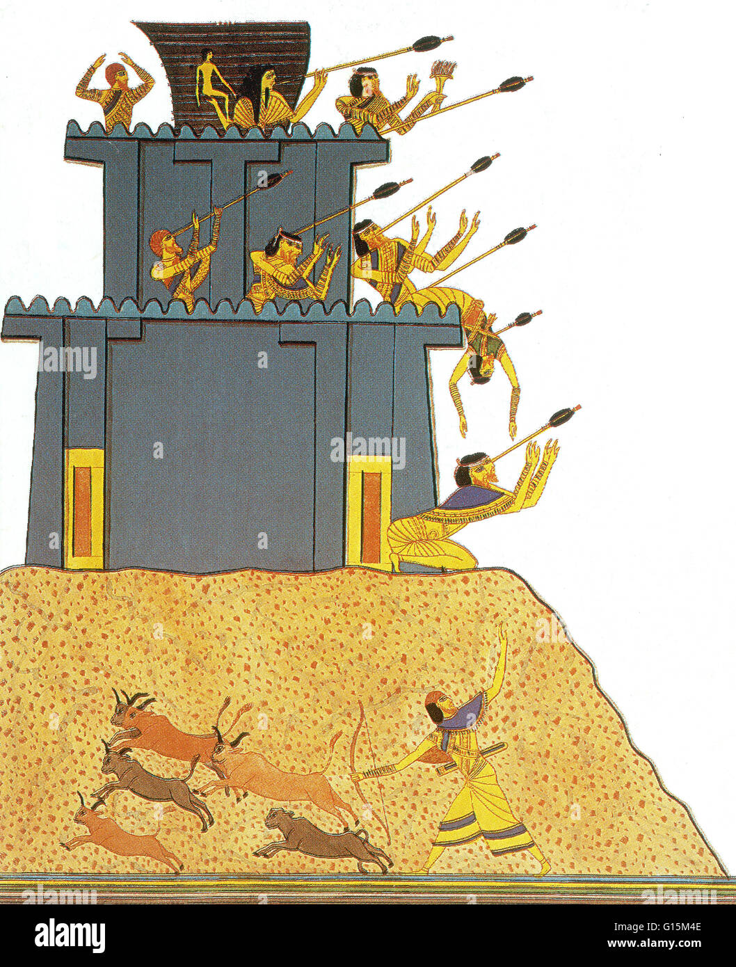 Hand farbige Radierung von 'Neapolitaner Dell' Egitto e della Nubia "von Ippolito Rosellini aus einem Wandrelief am großen Tempel von Abu Simbel. Eine syrische Festung ist unter Beschuss von der Armee von Ramses. Seine Verteidiger sind durch die Pfeile der Pharao durchbohrt. Stockfoto