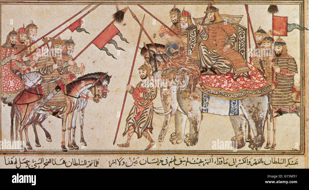 14. Jahrhundert schildert Manuskript Ilig Khan, der Führer der türkischen Karachaniden vorzulegen, Mahmud. Mahmuds Kräfte enthalten Elefanten, die die Karachaniden erschreckt. Elefanten waren eine mächtige psychologische Faktor in der Kriegsführung. Sie waren von unzerstörbar Stockfoto