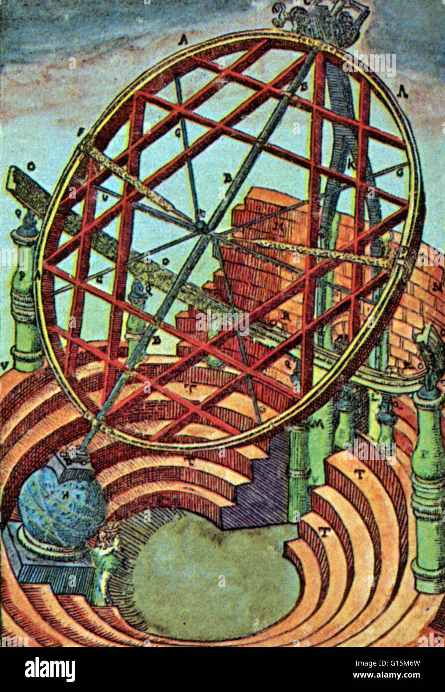 Tychos äquatorialen Armillary, die etwa 16 Fuß hoch und hatte ein eigene Gehäuse in Brahes Observatorium. Tycho Brahe (1546-1601) war ein dänischer Astronom. Nach immer Interesse an der Astronomie als Student in Kopenhagen, Tycho Brahe erkannte die Stockfoto