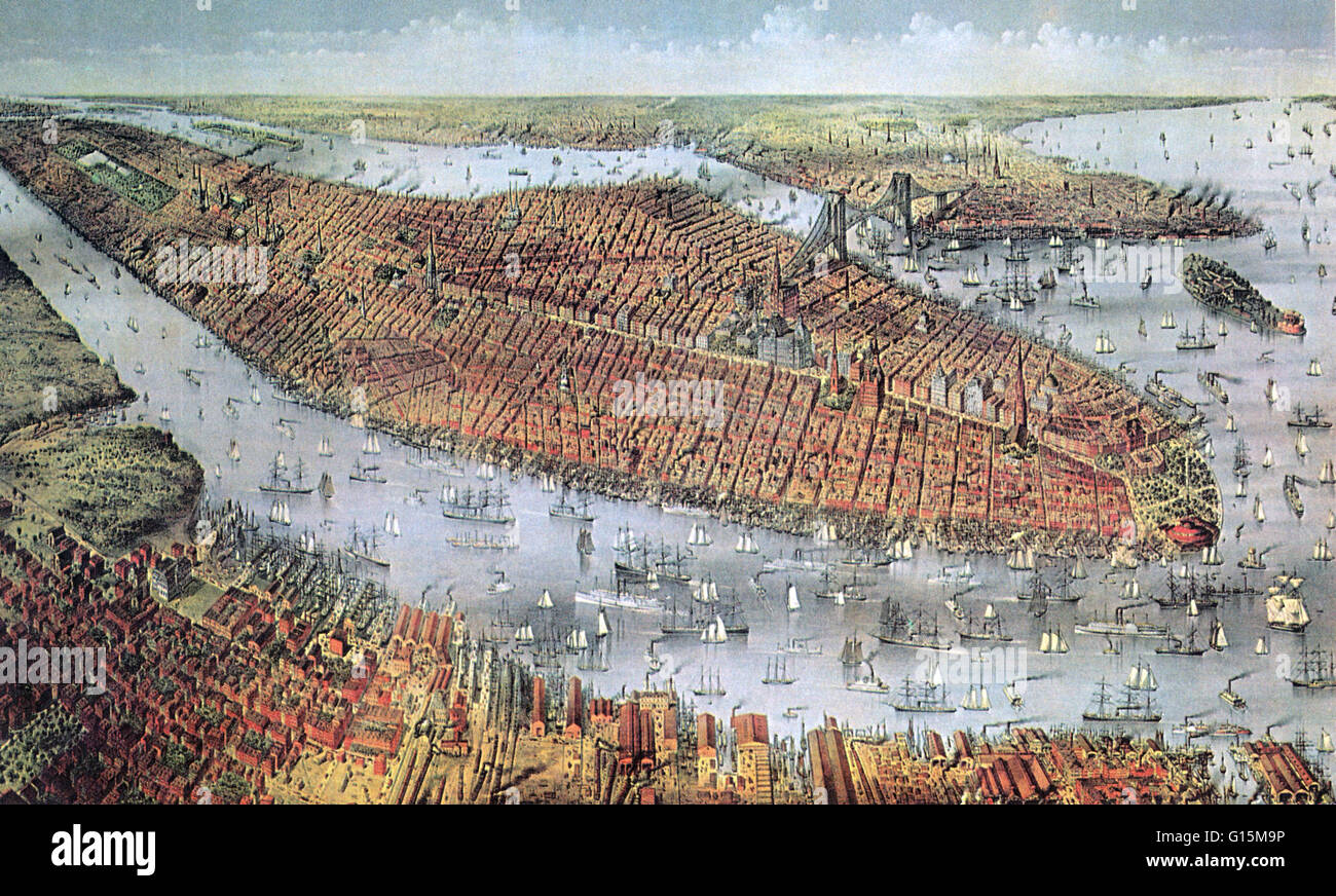 Lithographie mit dem Titel: "New York und Brooklyn, 1884." Vogelperspektive anzeigen Manhattan am dichtesten besiedelte und das älteste der fünf Boroughs von New York City. Die Rate der Immigration von Europa wuchs steil nach dem Bürgerkrieg, und New York wurde die fi Stockfoto
