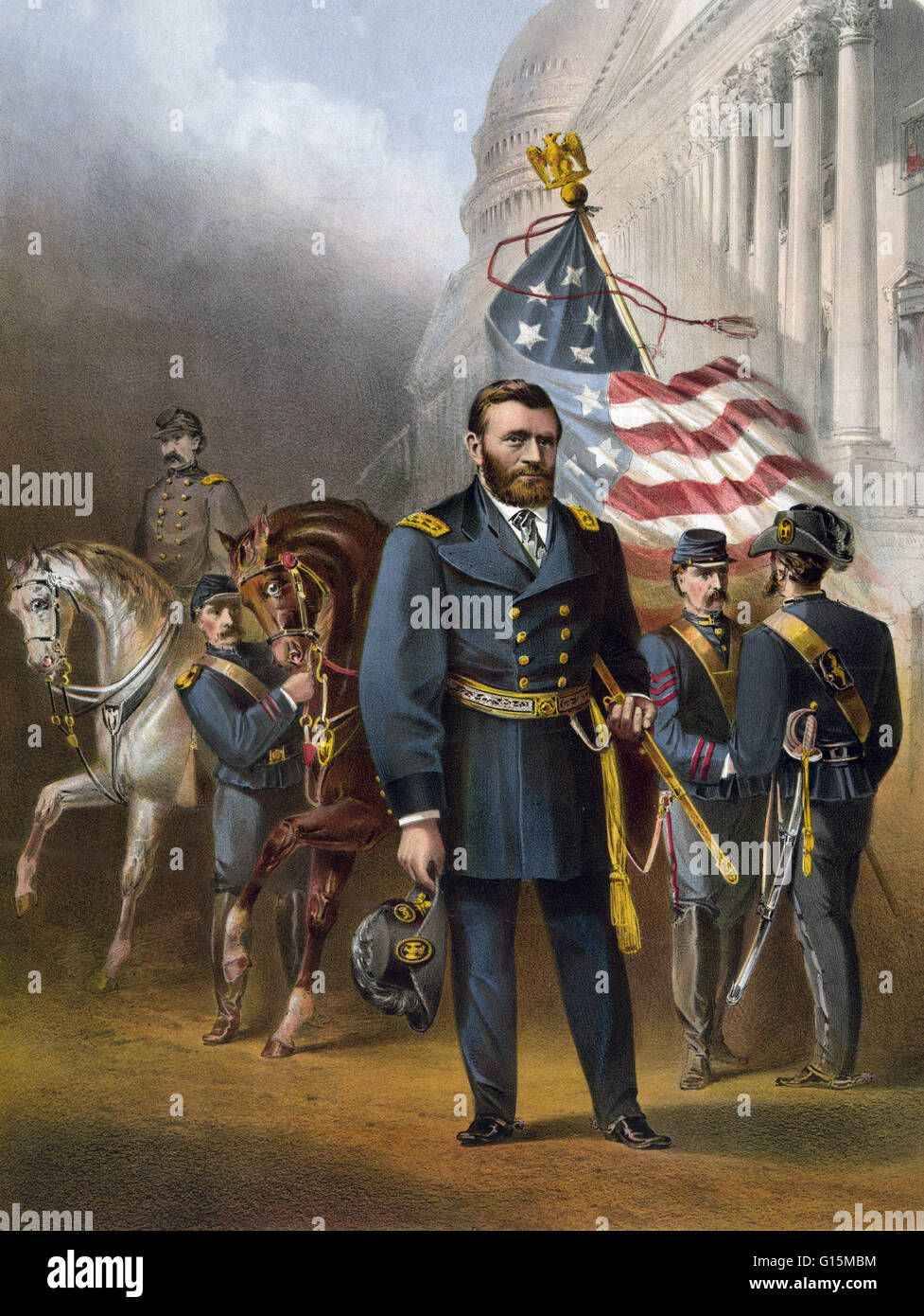 Lithographie zeigt Grant vor anderen Soldaten und Pferde auf dem US Capitol. Ulysses S. Grant (geboren Hiram Ulysses Grant; 27. April 1822 - 23. Juli 1885) war der 18. Präsident der Vereinigten Staaten. Ein Berufssoldat, absolvierte er die Unite Stockfoto