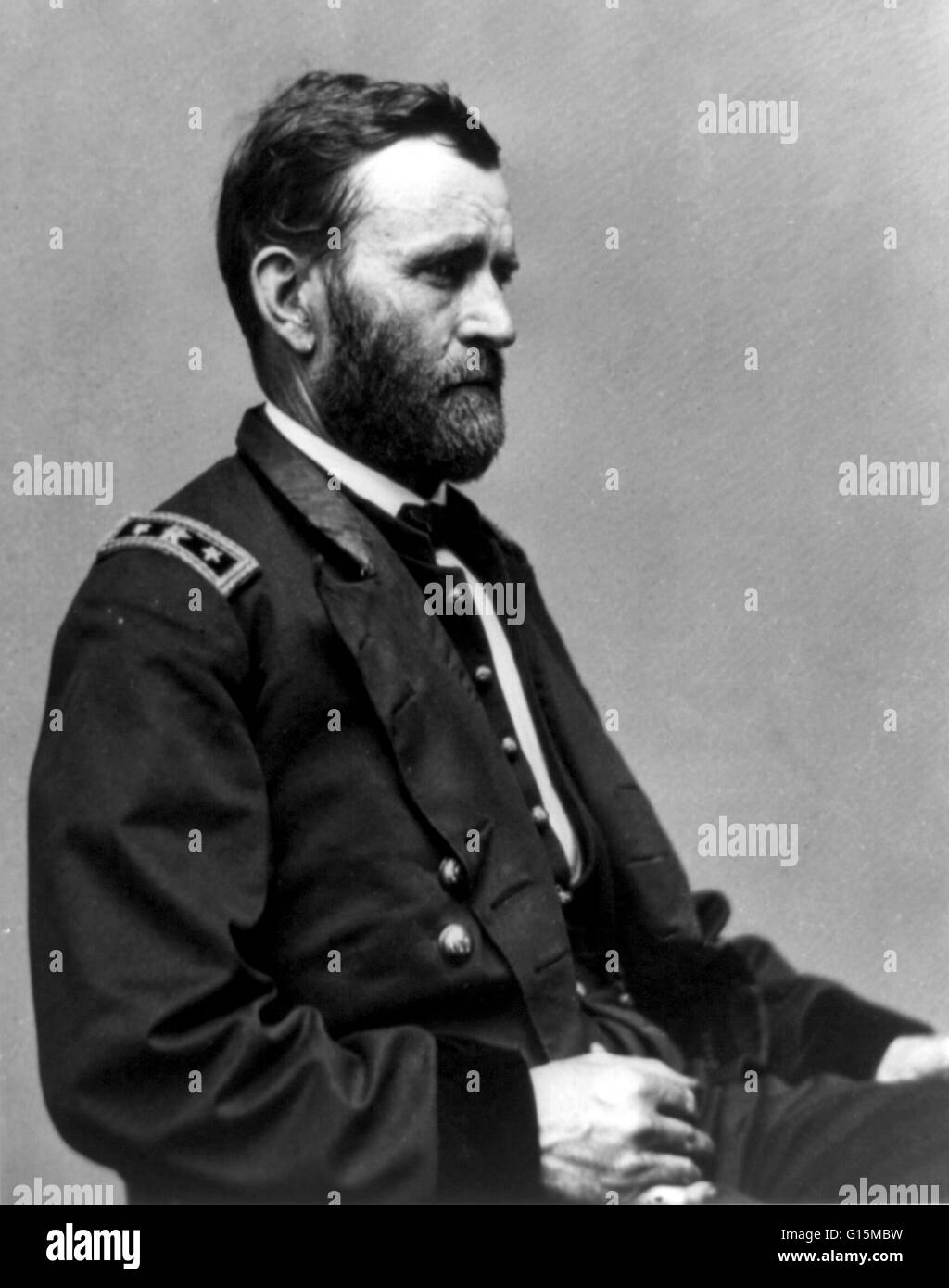 Ulysses S. Grant (geboren Hiram Ulysses Grant; 27. April 1822 - 23. Juli 1885) war der 18. Präsident der Vereinigten Staaten. Ein Berufssoldat, er studierte an der United States Military Academy in West Point und mexikanisch-amerikanischen Krieges diente. Unter Gra Stockfoto