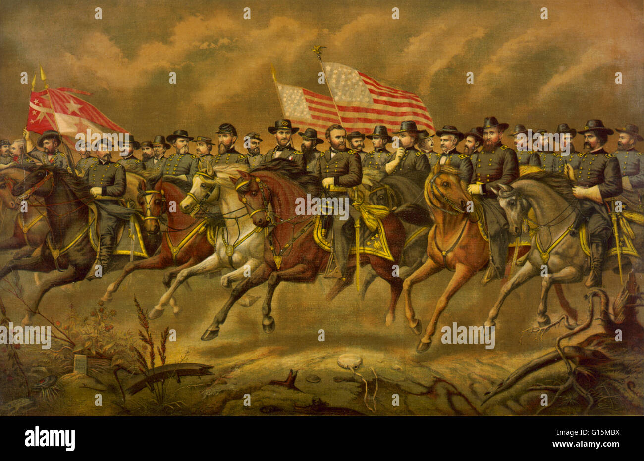 Farblitho zeigt Grant und seine Generäle auf dem Pferderücken. Ulysses S. Grant (geboren Hiram Ulysses Grant; 27. April 1822 - 23. Juli 1885) war der 18. Präsident der Vereinigten Staaten. Ein Berufssoldat, absolvierte er die United States Military Academy in Stockfoto