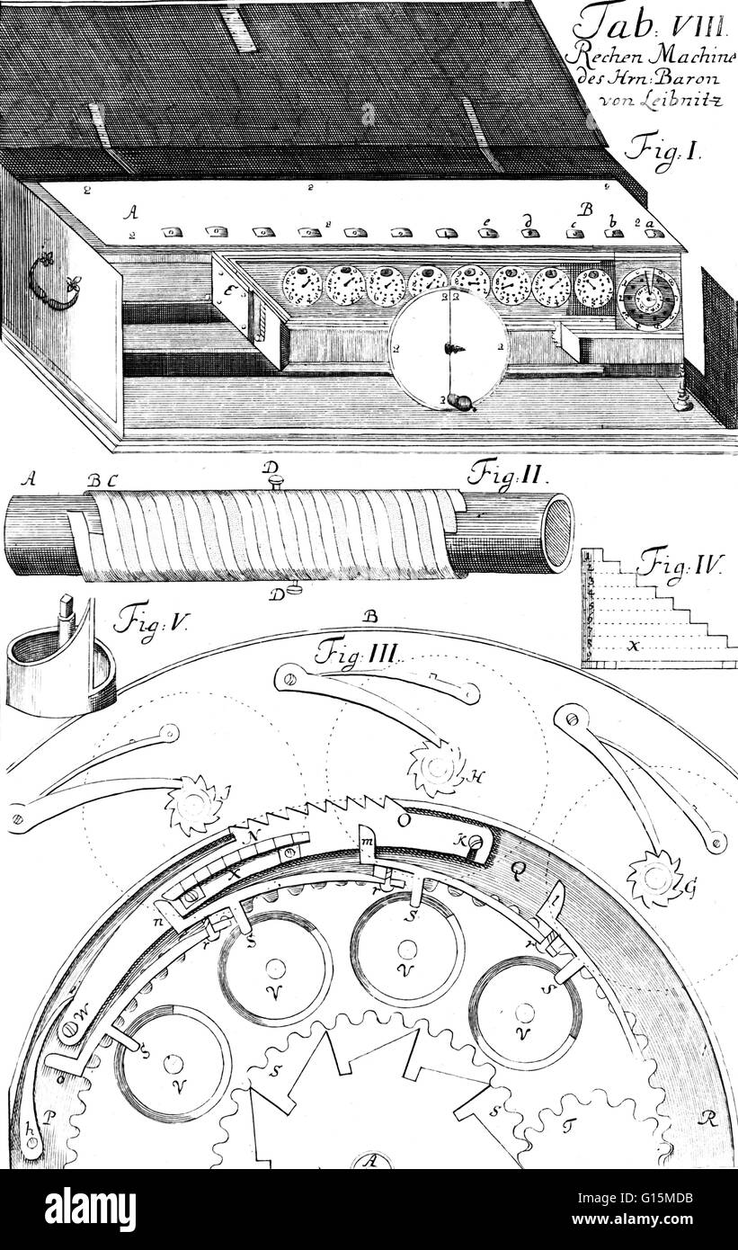 Leibniz kann der erste Computer-Wissenschaftler und Informationen-Theoretiker gewesen sein. Der Schritt Reckoner (oder trat Reckoner) war eine digitale mechanische Rechenmaschine erfunden von dem deutschen Mathematiker Gottfried Wilhelm Leibniz ca. 1672 und absolvierte im Jahr 1694. Es war t Stockfoto