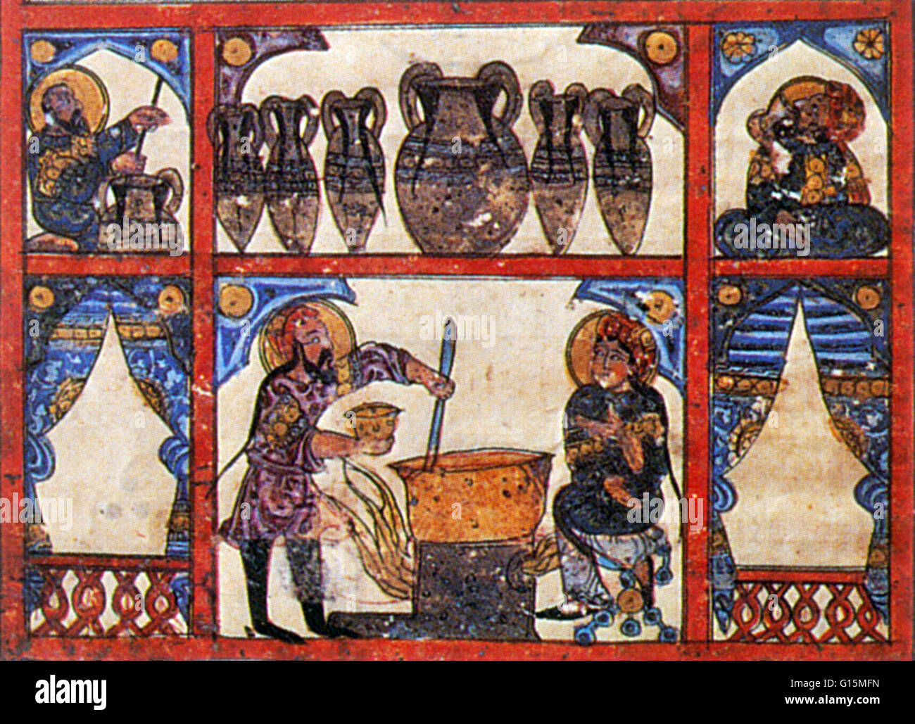 Arabische Kunstwerk mit dem Titel "Die Vorbereitung der Medizin aus Honig" von 1224 arabische Übersetzung des Manuskripts De Materia Medica, geschrieben von der Antike griechische Arzt Dioscurides (40-90 n. Chr.), in dem er, Kräutern und pflanzlichen Heilmitteln beschrieb. Ein Arzt-c Stockfoto
