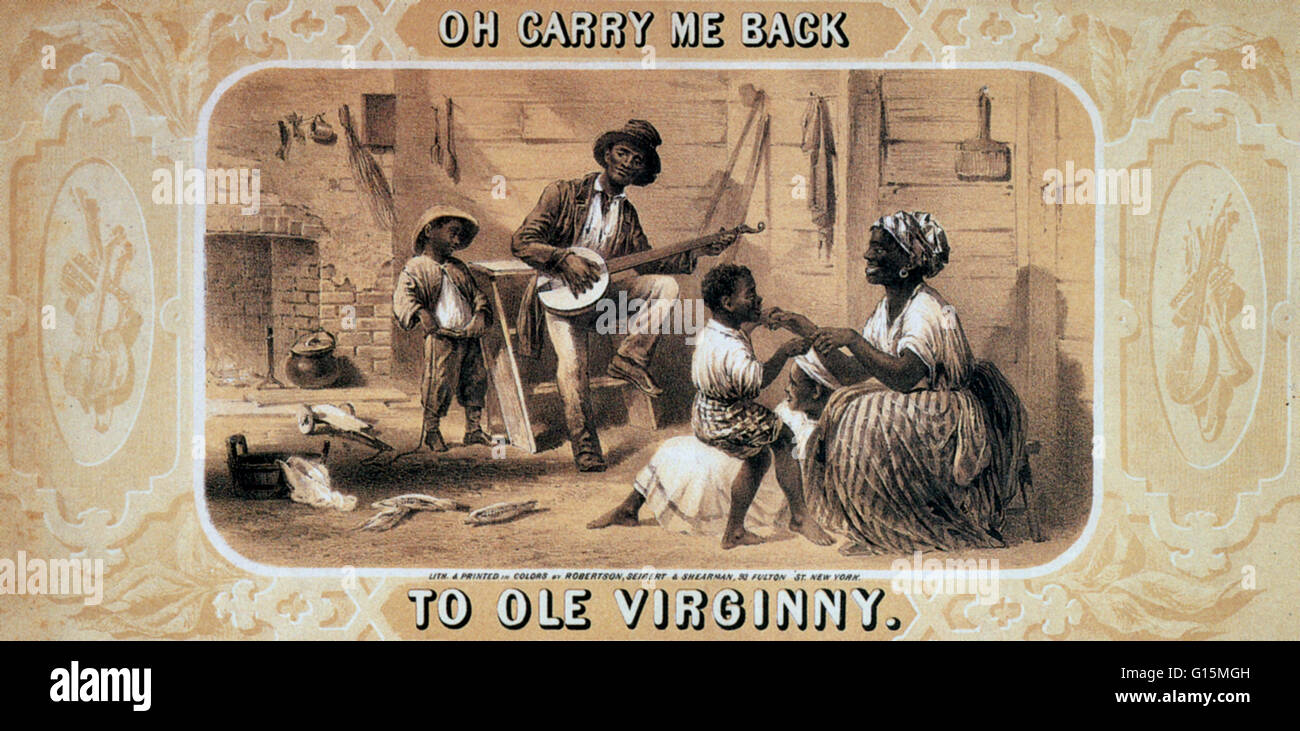 "Ach trag mich zurück zu Ole Virginny", 1859. Tabak-Paket-Label zeigen, US-amerikanischer Banjo-Spieler, Frau und drei Kindern in Kabine. Die Pre-Civil Krieges Tabakindustrie dominierten Süden Hersteller entschlossen, Sklaverei und Presen zu bewahren Stockfoto