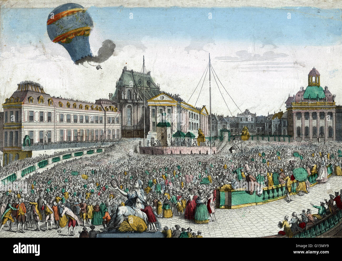 Am 19. September 1783, Aérostat Réveillon mit den ersten Lebewesen in einem Korb am Ballon befestigt geflogen war: ein Schaf, eine Ente und ein Hahn. Das Schaf wurde geglaubt, um eine angemessene Annäherung an menschliche Physiologie haben. Die Ente war erwarteten t Stockfoto