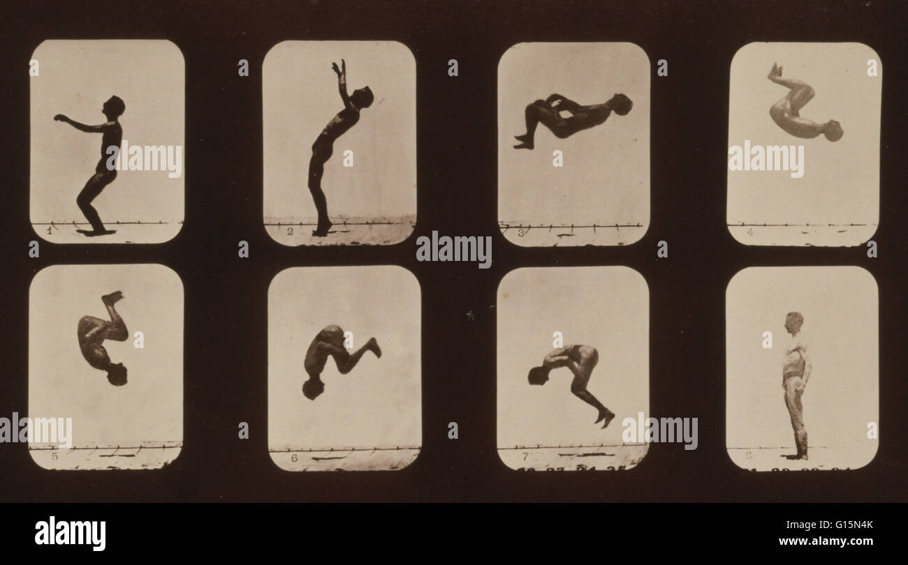 Muybridge menschlichen Fortbewegung, zurück Salto, 1881. Foto zeigt 8 aufeinander folgende Bilder von einem Mann einen hinteren Purzelbaum zu tun. Eadweard James Muybridge (9. April 1830 - 8. Mai 1904) war ein englischer Fotograf wichtig für seine Pionierarbeit im fotografischen Stockfoto