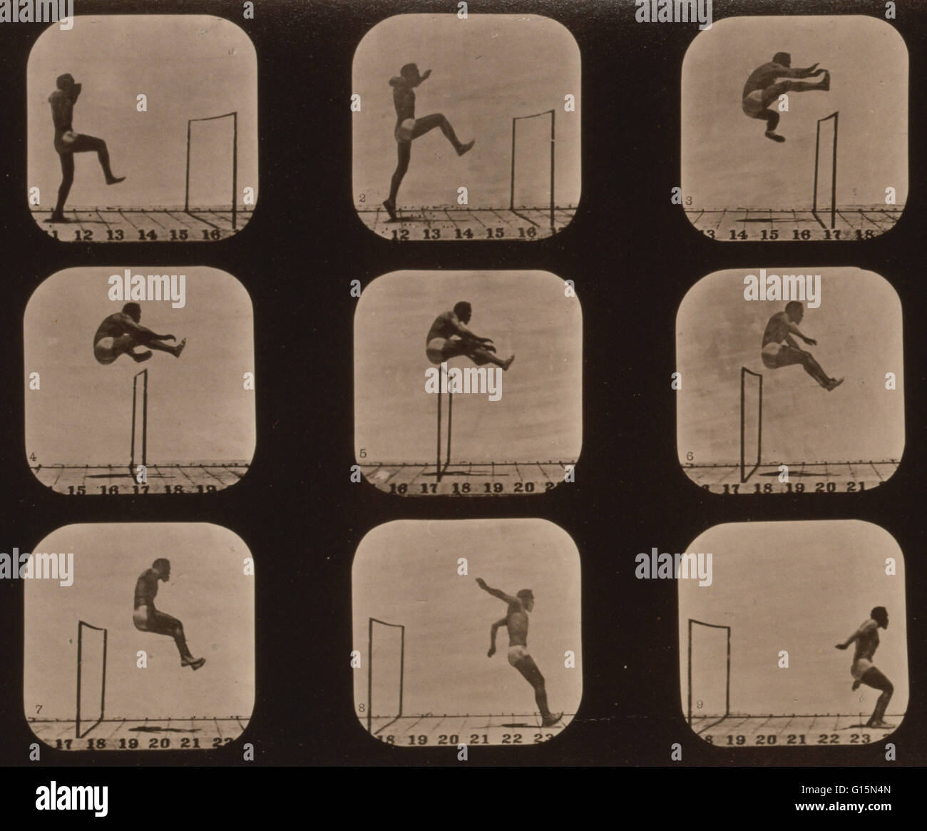 Muybridge menschlichen Fortbewegung, Mann springt Hürde, 1881. Foto zeigt 9 aufeinander folgenden Bilder von einem Mann über eine Hürde springen. Eadweard James Muybridge (9. April 1830 - 8. Mai 1904) war ein englischer Fotograf wichtig für seine Pionierarbeit in photographi Stockfoto