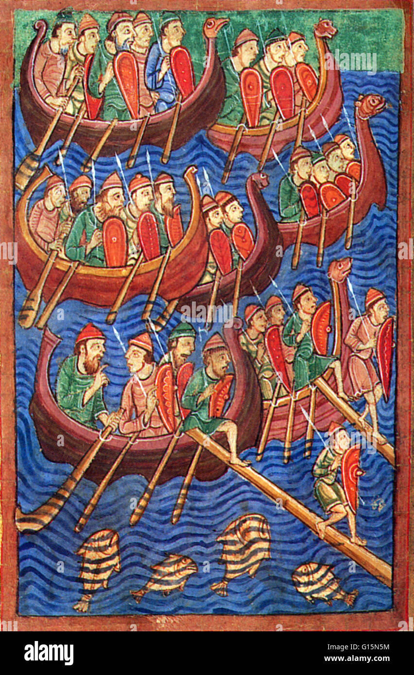 Beleuchtete Manuskript aus dem "Leben des Edmund", unbekannter Künstler (ca. 1130) Darstellung Herbst AD 865/866 bei Ivar Ragnarsson (Spitzname der Boneless), mit seinen Brüdern Halfdan Ragnarsson (Halfdene) und Ubbe Ragnarsson (Hubba), führte die große Hea Stockfoto