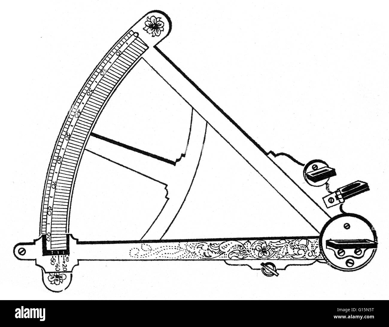 Ein Sextant ist ein Instrument zur Messung des Winkels zwischen zwei beliebige sichtbare Objekte verwendet. Seine primäre Verwendung soll den Winkel zwischen eines Himmelsobjekts und den Horizont, die bekannt ist als das Objekt Höhe zu bestimmen. Diese Messung wird als sightin bezeichnet. Stockfoto