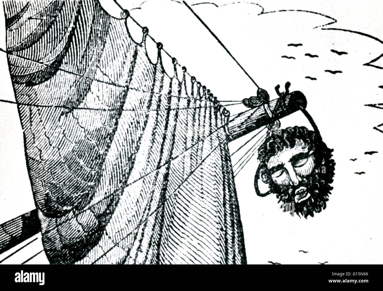 Kupferstich von Blackbeards abgetrennten Kopf aus die Piraten eigenen Buch, 1837. Edward Teach (1680 - 22. November 1718), besser bekannt als Blackbeard, war einen berüchtigten englischen Piraten, um die Westindischen Inseln und der Ostküste der amerikanischen Kolonien betrieben. Stockfoto