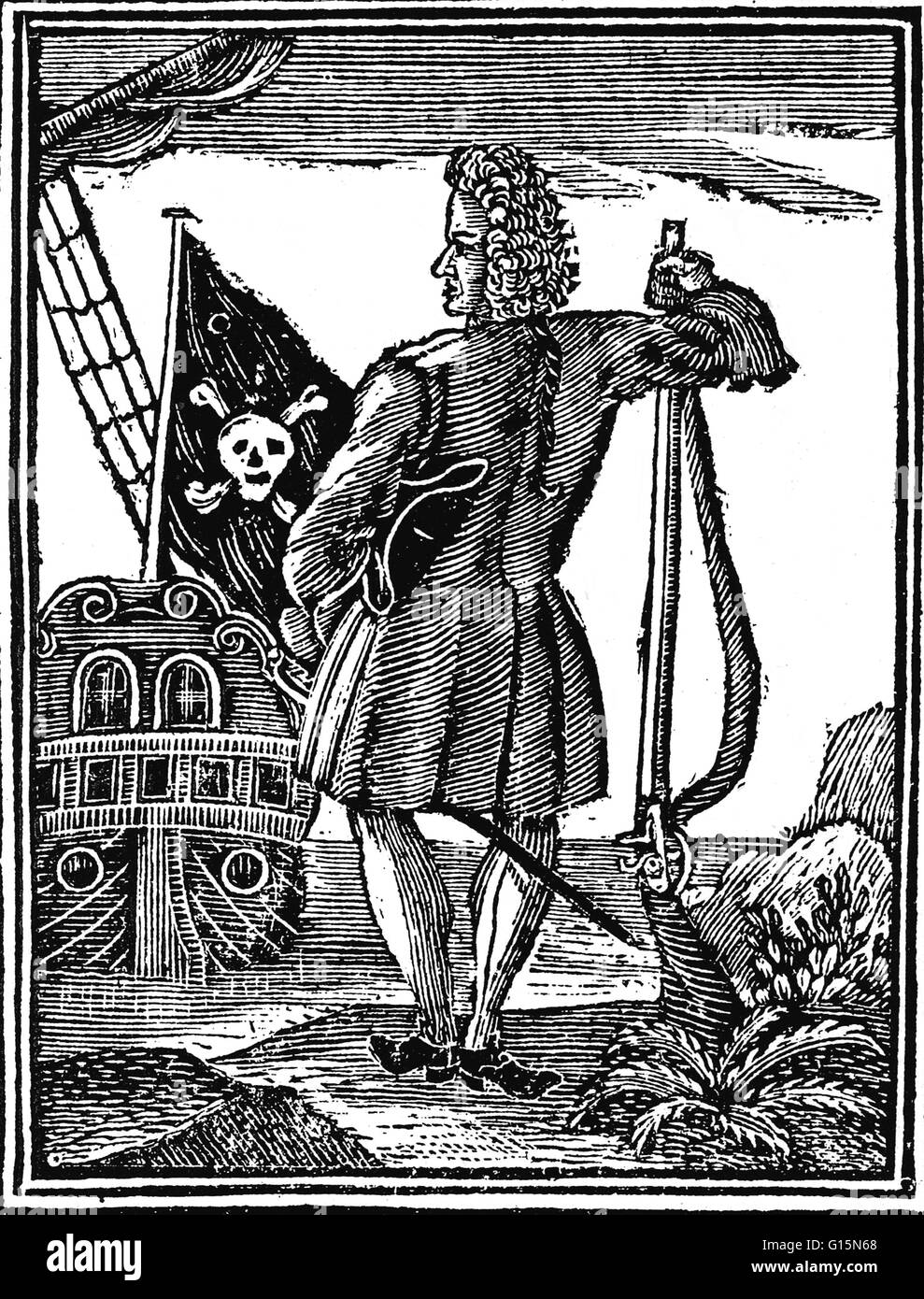 Gravur der Motorhaube von A General History of die Überfälle und Morde an der notorischsten Pyrates, 1725-Ausgabe. STEDE Bonnet (1688 - Dezember 10,1718) war ein englischer Pirat in Barbados geboren. Er erhielt den Spitznamen "der Gentleman-Pirat", weil er hatte sein Stockfoto