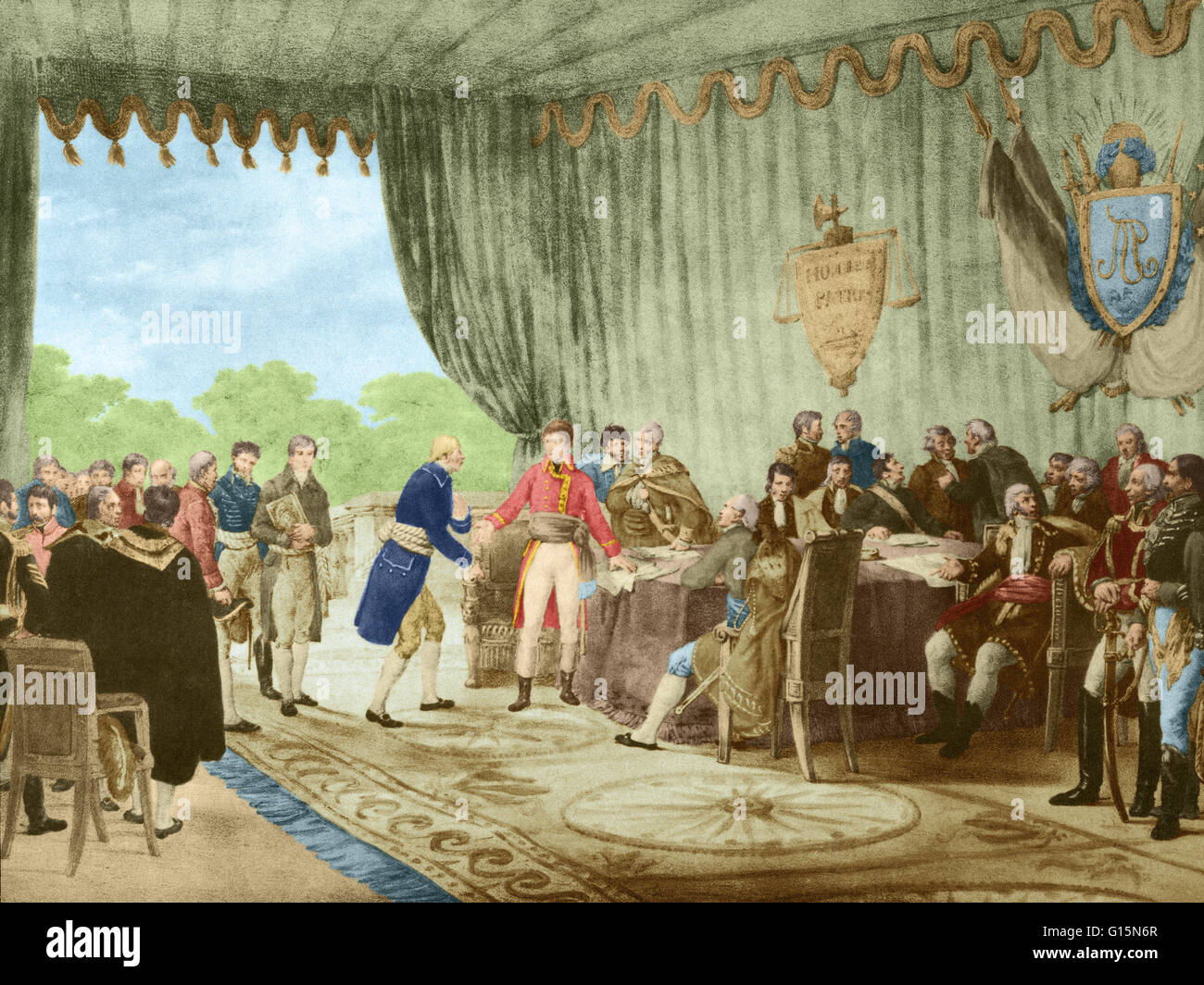 Verbesserte Farblithographie hergestellt aus einem Victor Adams Gemälde zeigt Napoleon, der nicht anwesend bei der Unterzeichnung, formal war präsentiert eine Kopie des Vertrages an die amerikanischen Kommissare. Der Louisiana Purchase wurde die Übernahme durch die Vereinigten Staaten 828, Stockfoto