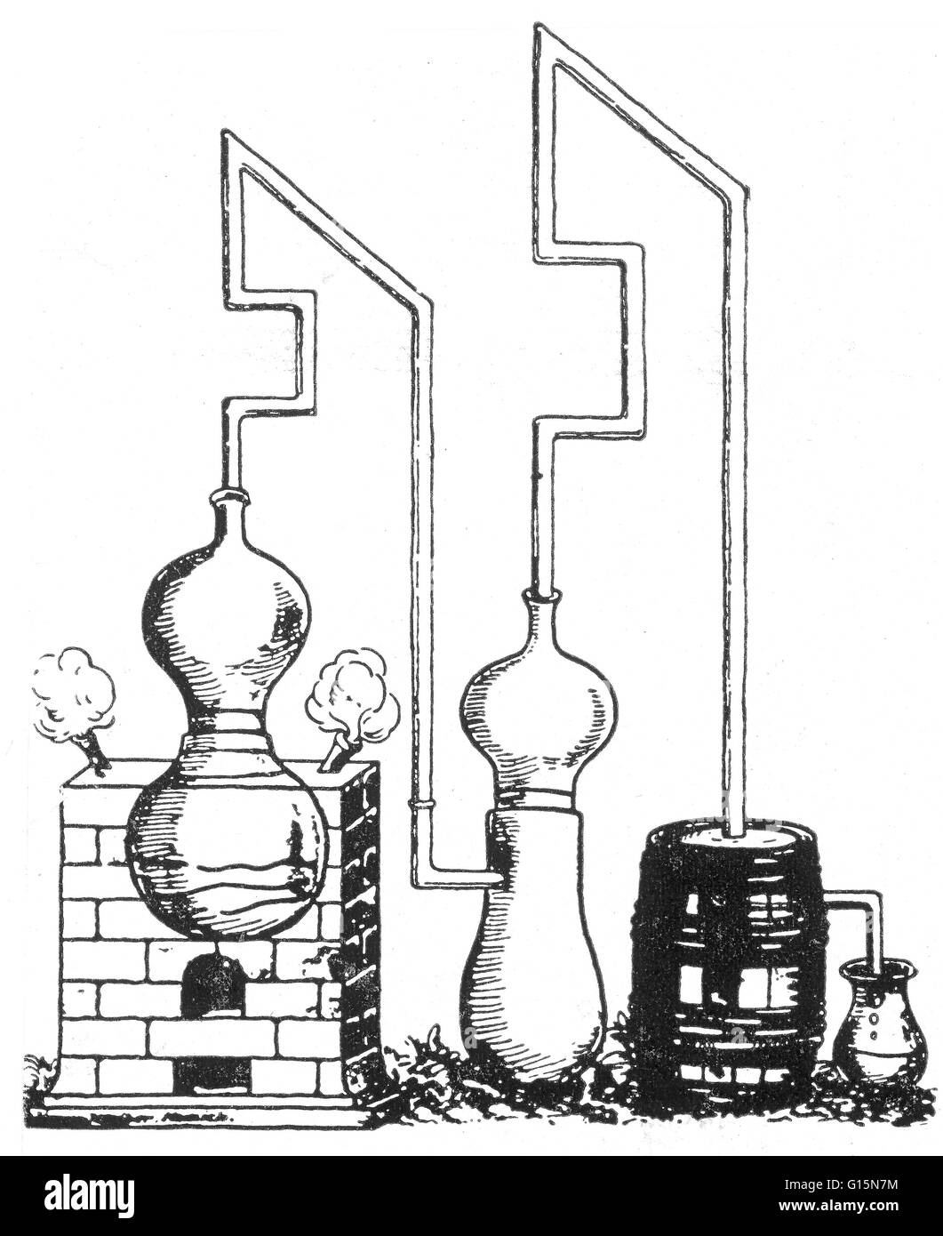 Noch mit Reflux, Dephlegmator und Kondensator. Abbildung erschien in Lonitzers Kunstliche Conterfeytunge, 1573. Ein Alembic ist ein alchemistischer noch bestehend aus zwei Schiffen, die durch ein Rohr verbunden. Technisch gesehen ist die Alembic den Deckel mit einem Rohr Zubehör Stockfoto