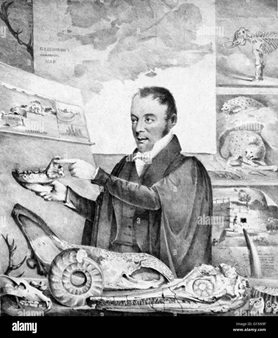 Buckland, einen Vortrag über Fossilien und einige der Exemplare seiner Preis anzeigen. Der lange Schnabel Schädel an der Vorderseite ist ein Ichthyosaurier, ein marine Reptil, das gehörte zu einer separaten Gruppe von den Dinosauriern. William Buckland (12. März 1784 - 14 August 185 Stockfoto