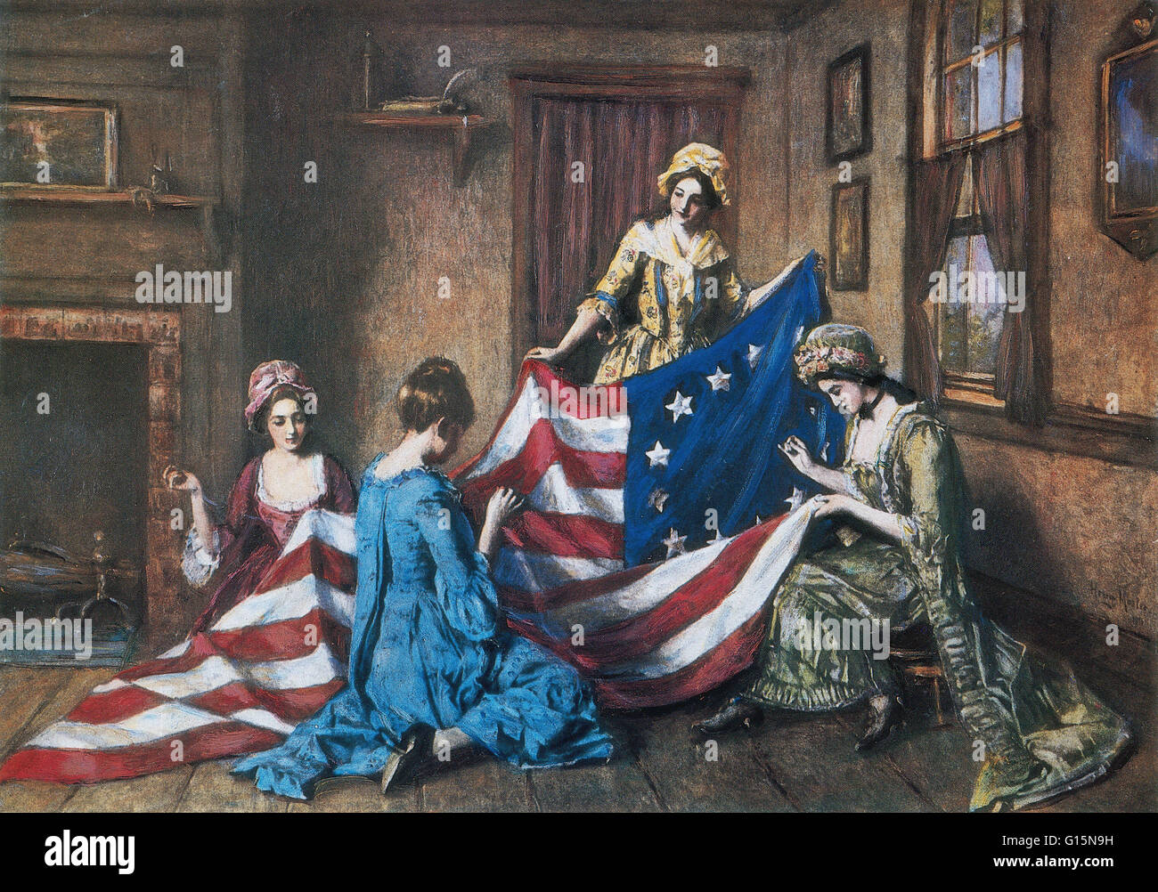 Betsy Ross (1. Januar 1752 - 30. Januar 1836) ist die erste amerikanische Flagge macht zugeschrieben. Jedoch gibt es keine glaubwürdige historische Beweise, dass die Geschichte wahr ist. Als ihr Ehemann, John Ross, amerikanischer revolutionärer Krieg ausbrach, war ein Stockfoto
