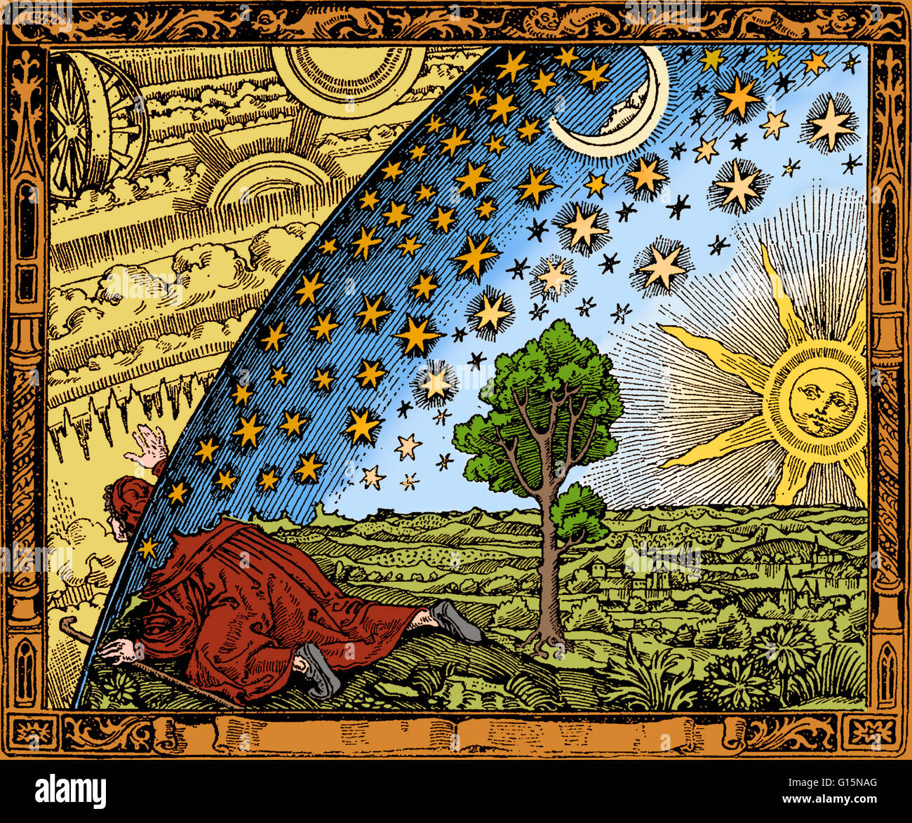 Einem Holzstich von Flammarion eines unbekannten Künstlers, die erstmals in Camille Flammarions L'atmosphere: Meteorologie Populaire (1888). Das Bild zeigt einen Mann, kriechen unter dem Rand des Himmels, dargestellt als wäre es eine feste Halbkugel, betrachten die Stockfoto