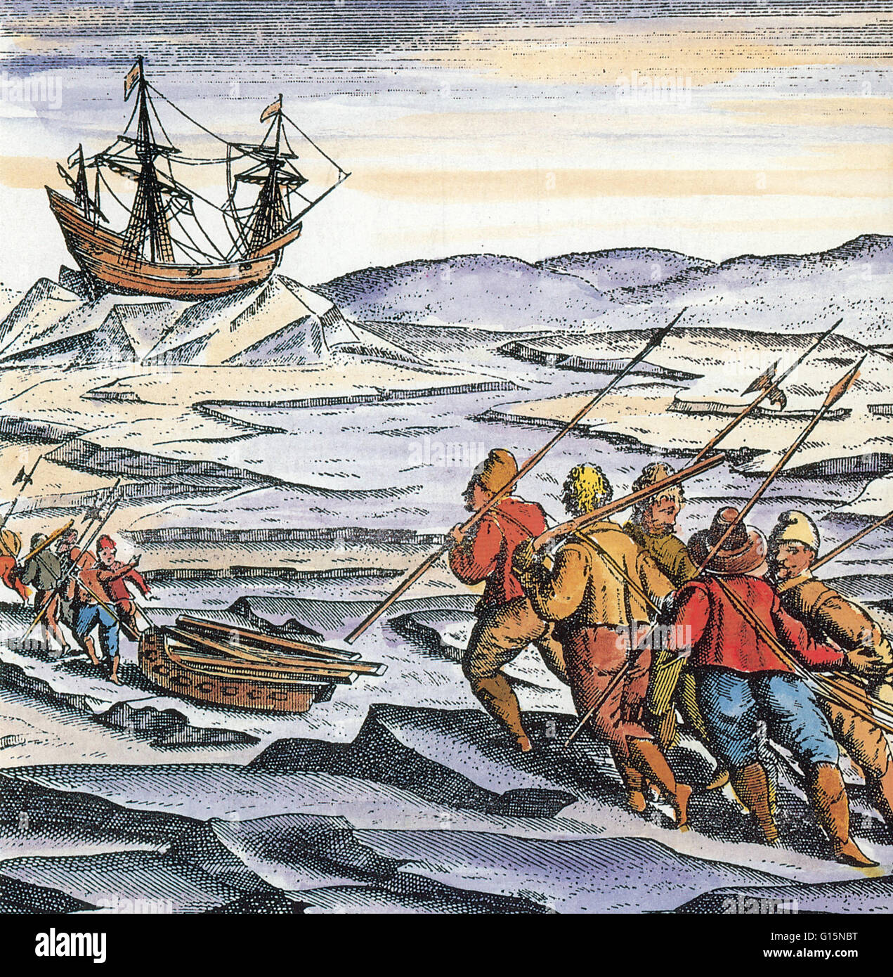 William Barents und seine Crew in der Arktis während ihrer dritten Expedition von 1596 gefangen.  Angeführt von dem niederländischen Seefahrer und Entdecker William Barents (1550-1597), versucht die Expedition, die Nordostpassage vom Atlantik bis zum Pazifik zu finden. Afte Stockfoto
