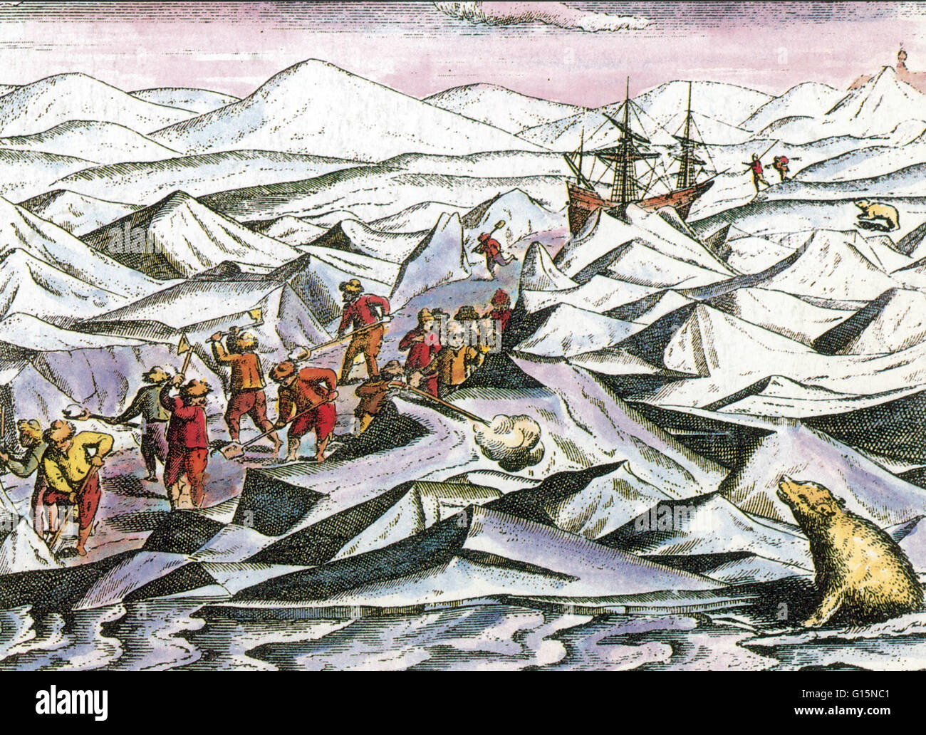 William Barents und seine Crew in der Arktis während ihrer dritten Expedition von 1596 gefangen.  Hier sind die Crew-Mitglieder einen Weg durch den Schnee von ihren Eis-gebundenen Schiff clearing und eine Waffe verwendet wird, um auf einen Eisbären zu schießen. Unter der Leitung von dem niederländischen Seefahrer und e Stockfoto