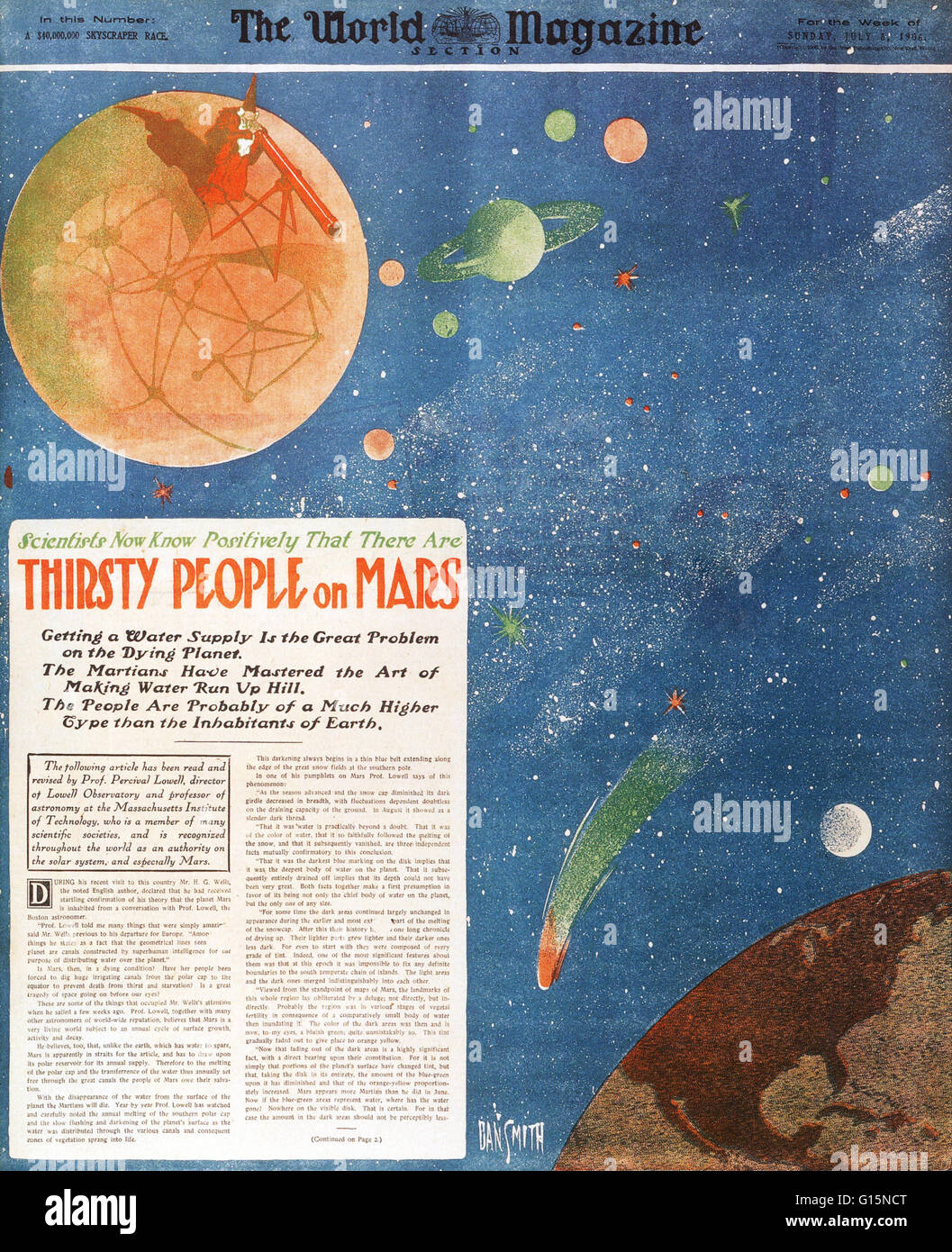 "Durstige Menschen auf dem Mars," ein Feature in World Magazine, 8. Juli 1906. Eine Zeitlang im späten 19. und frühen 20. Jahrhundert glaubte man, dass gab es Kanäle auf dem Mars. Sie wurden zuerst von der italienische Astronom Giovanni Schiaparelli beschrieben während der Stockfoto