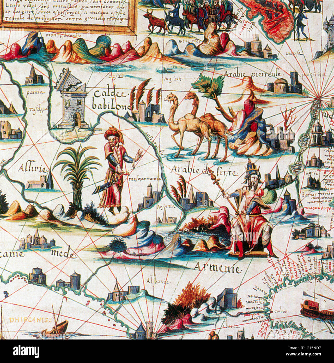 Zentralasien ("Arabien") auf Pierre Desceliers Weltkarte, 1550.  Pierre Desceliers (c. 1500 - c. 1558) war ein französischer Kartograf der Renaissance und ein eminentes Mitglied der Schule von Dieppe Kartographie. Er gilt als den Vater des französischen Ganglinie Stockfoto