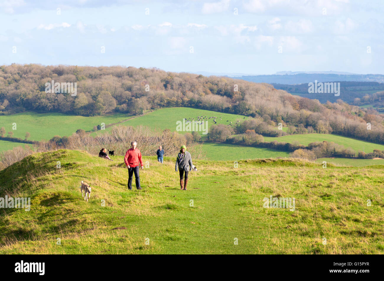 Menschen zu Fuß Hunde auf wenig Solsbury Hill, furnished, Bath, Somerset, Großbritannien Stockfoto