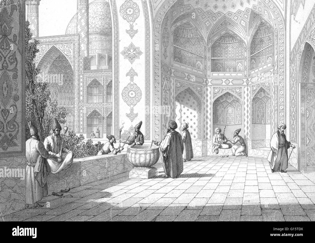 Gebaut von Shah ' Abbas im Jahre 1451 als Höhepunkt seiner Rekonstruktion von Isfahan, diese Moschee hat eine Reihe von wichtigen architektonischen Innovationen. Im Anschluss an die traditionelle iranische Moschee-Plan hat die Schah-Moschee ein Gericht umgeben durch eine zweistöckige Arkade auf fo Stockfoto