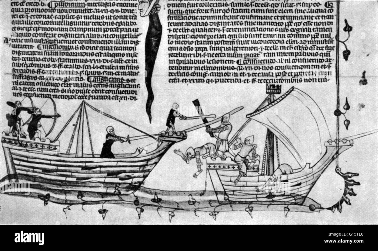 Darstellung eines Meeres Kampf zwischen zwei Zähnen, datiert auf ca. 1320 von Details der Rüstungen und der Schiffbau. Die Bogenschützen bieten einen wichtigen Vorteil. Ein Zahnrad ist eine Art von Schiff, das im 10. Jahrhundert erschien, und war weit verbreitet, von arou Stockfoto