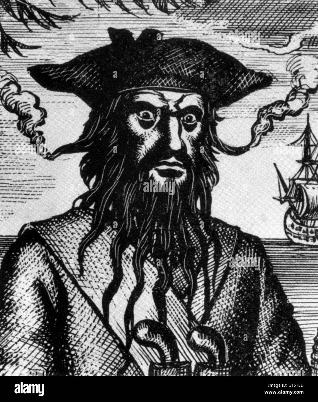 Edward Teach (1680 - 22. November 1718), besser bekannt als Blackbeard, war einen berüchtigten englischen Piraten, um die Westindischen Inseln und der Ostküste der amerikanischen Kolonien betrieben. Er war ein Seemann auf Privateer Schiffe Queen Anne es im zweiten Weltkrieg. Des Krieges en Stockfoto