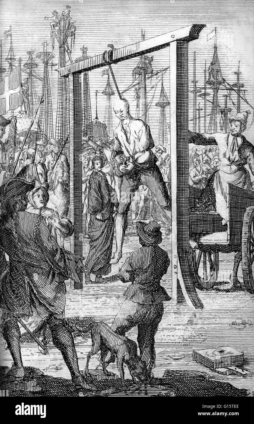 Berechtigt: Die hängen von großen Stede Bonnet, Gravur von A General History of die Überfälle und Morde an der notorischsten Pyrates, 1725-Ausgabe. STEDE Bonnet (1688 - Dezember 10,1718) war ein englischer Pirat in Barbados geboren. Er erhielt den Spitznamen "die ge Stockfoto