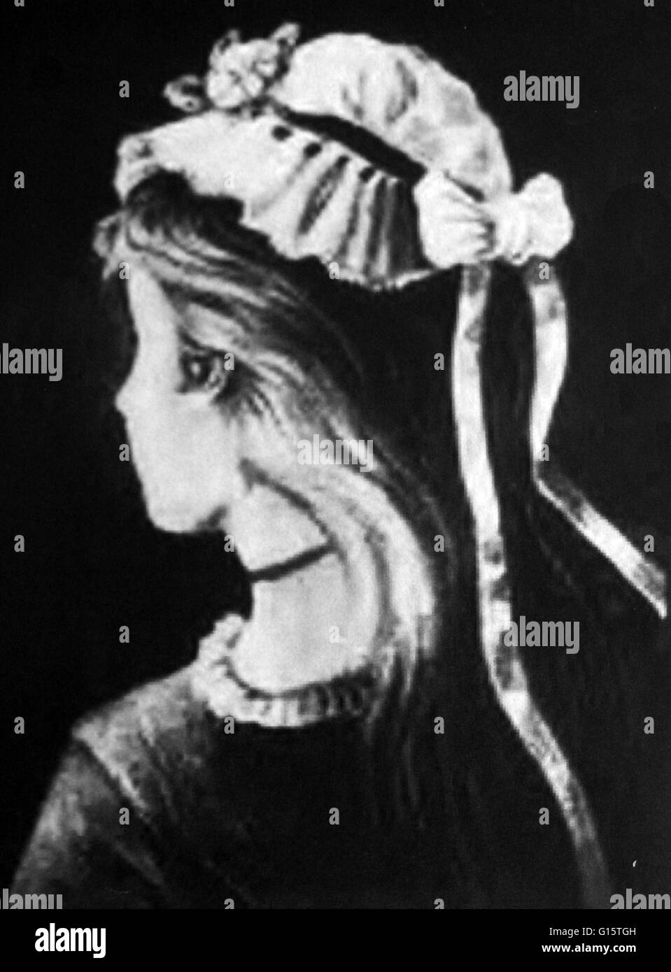 Anonyme deutsche Postkarte aus dem Jahre 1888. Eine berühmte Wahrnehmungs Illusion, in der das Gehirn schaltet zwischen dem sehen ein junges Mädchen und eine alte Frau. Eine optische Täuschung ist ein Phänomen wo scheint eine etwas zu sehen, die nicht existiert oder mit einer anderen Perspektive. Stockfoto