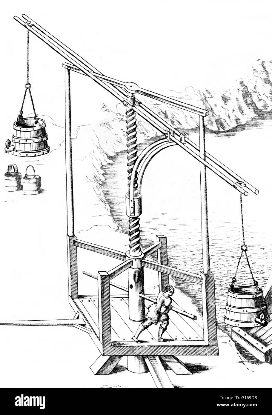 Abbildung einer Maschine, Wasser, aus dem 16. Jahrhundert zu erhöhen. Ein Hebel ist eine Maschine, bestehend aus ein Balken oder eine steife Rute schwenkbar an einem festen Scharnier oder Dreh-und Angelpunkt. Es ist eines der sechs einfachen Maschinen von Renaissance-Wissenschaftler identifiziert. Mann auf schwenkbaren quadratische Ausbaubarkeit Stockfoto