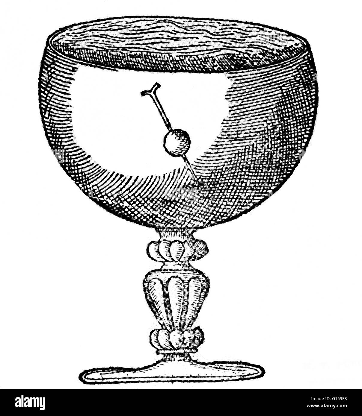 Illustration aus De Magnete von William Gilbert, veröffentlicht in 1600 zeigt eine magnetische Nadel schräg im Bad Winkel wenn mit gerade genug Auftrieb zu schweben in Wasser suspendiert. Magnetische Dip, Dip Winkel oder magnetischen Neigung ist der Winkel verrückt Stockfoto