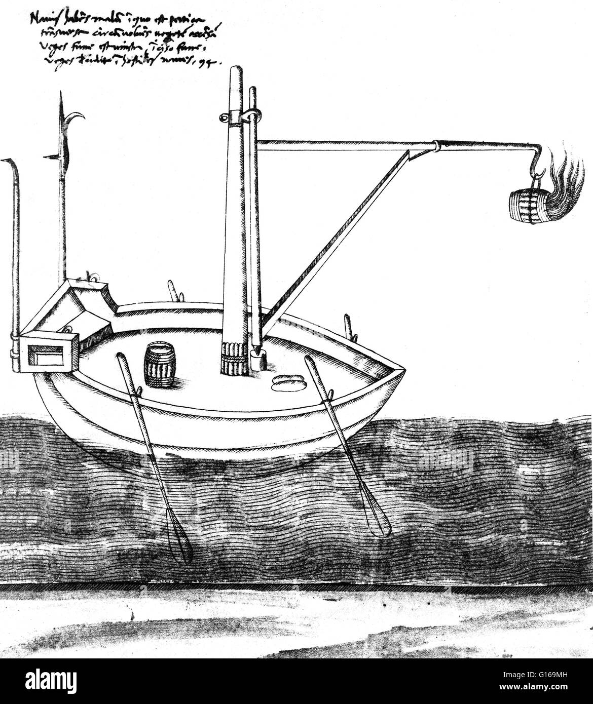 Boot mit Flammenwerfer, entworfen von Taccola, 15. Jahrhundert. Design für Boot mit Flammenwerfer von Taccola ausgestattet. Mariano di Jacopo Detto il Taccola (1382-1453) war eine italienische Administrator, Künstler und Ingenieur der Frührenaissance. Er ist bekannt für seine technologischen seine zwei Abhandlungen, De Ingeneis (in Bezug auf Motoren, 1433) und De Machinis (über Maschinen, 1449), in dem er viele der Geräte aus den langen Entwicklungsprozess seiner ersten Abhandlung angepasst. mit welcher Funktion kommentiert Zeichnungen eines breiten Spektrums von innovativen Maschinen und Geräten. Er ist beigetreten sind bekanntermaßen die Stockfoto