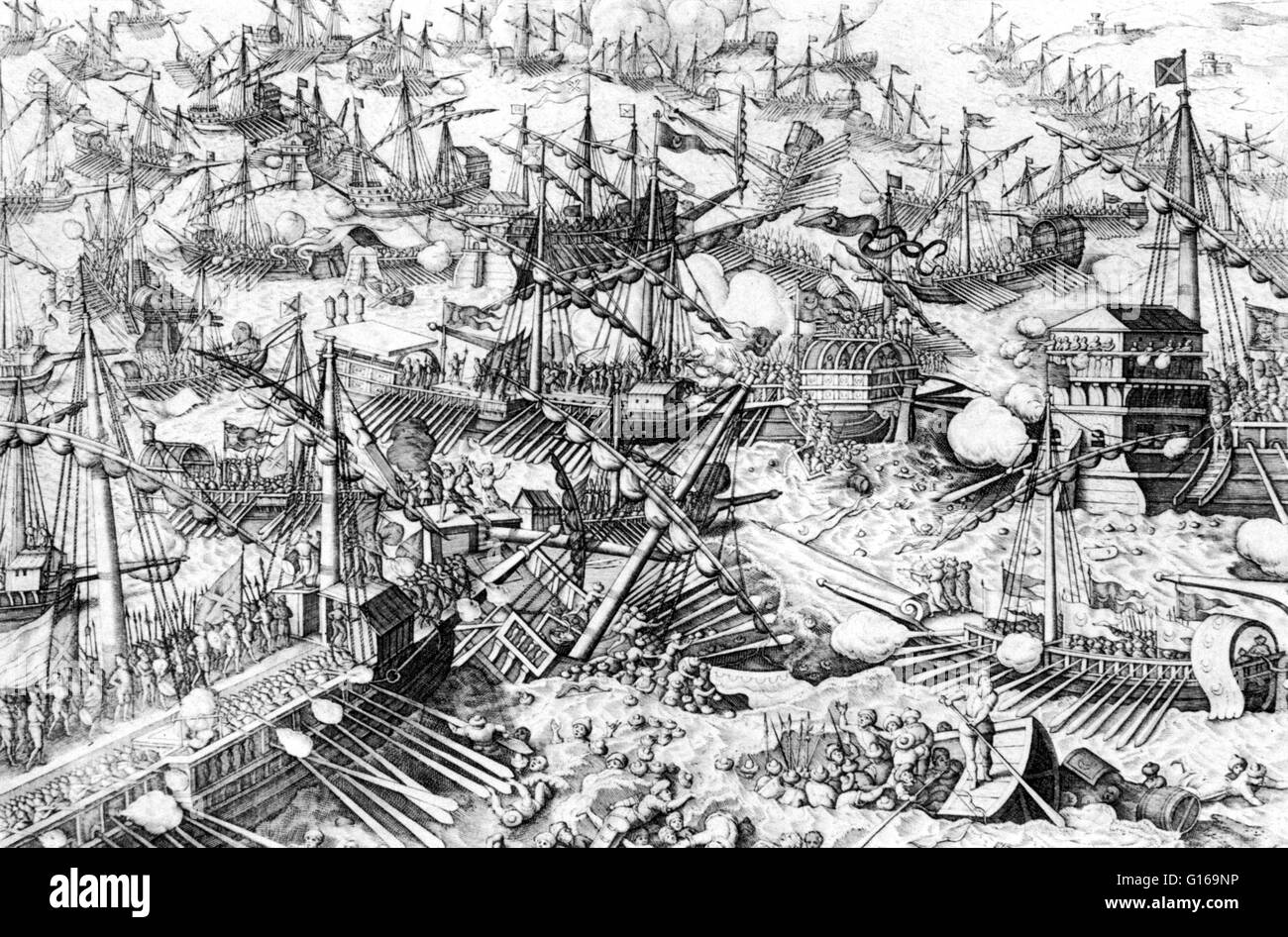 Die Seeschlacht von Lepanto fand am 7 Oktober 1571, als eine Flotte der Heiligen Liga, eine Koalition der Europäischen katholischen maritime Südstaaten, entscheidend die größte Flotte des Osmanischen Reiches in fünf Stunden besiegt des Kämpfens am nördlichen Rand des Golfs von Korinth aus Westgriechenland. Die osmanischen Truppen nach Westen segeln von der naval Station in Lepanto erfüllt die Heilige Liga-Kräfte, die von Messina gekommen war. Der Sieg der Heiligen Liga verhindert das Osmanische Reich erweitert weiter entlang der mediterranen Seite Europas. Lepanto war die letzte große Seeschlacht im Mittelmeer Stockfoto