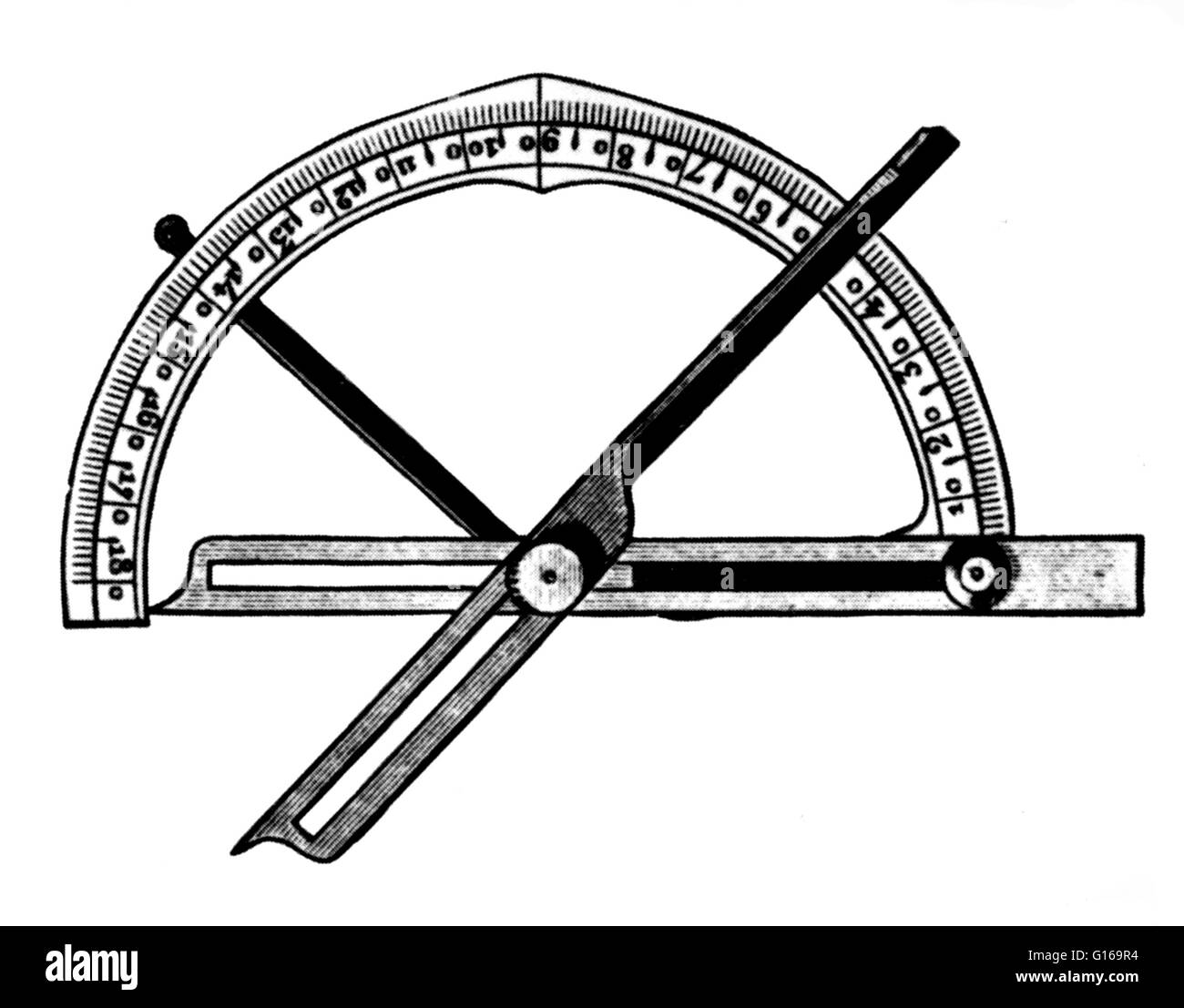 Ein Goniometer ist ein Instrument, das entweder einen Winkel misst oder ermöglicht es einem Objekt um eine genaue Winkelposition gedreht werden. Der Begriff Goniometry leitet sich aus zwei griechischen Wörtern, g? Nia, d.h. Winkel und Metron, d. h. Messen. In der Kristallographie, goniom Stockfoto