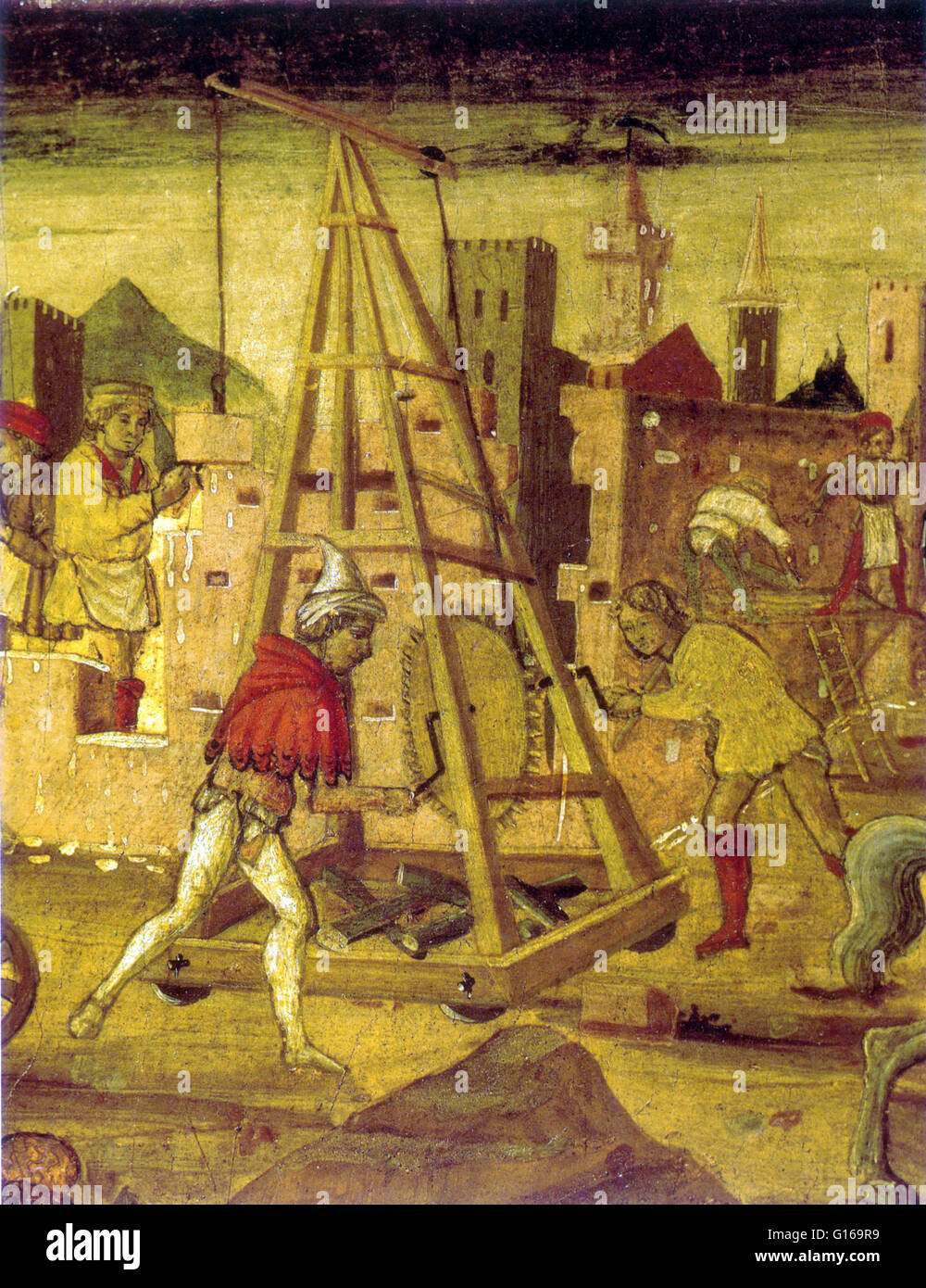 Detail aus der unbekannten 15. Jahrhundert Malerei. Treadwheel Kran (Magna Rola) ist ein aus Holz, Mensch angetrieben, heben und senken Gerät. Es wurde vor allem während der Römerzeit und dem Mittelalter in den Bau von Burgen und Kathedralen verwendet. Die oft Hea Stockfoto