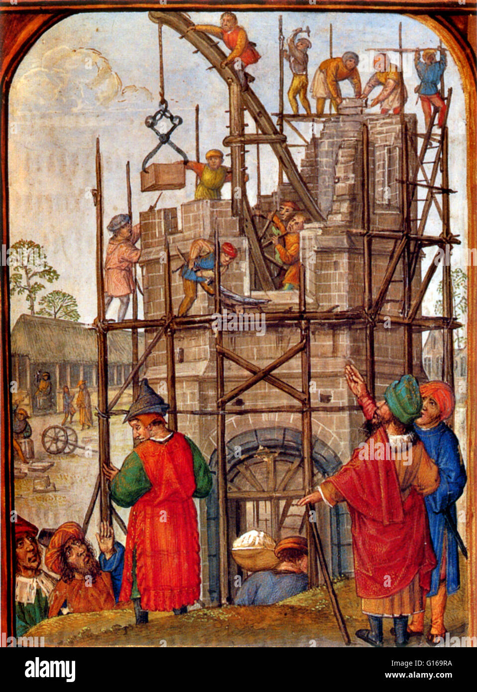Illustration aus einem 15. Jahrhundert flämische Stundenbuch zeigen den Bau des Turms von Babel. Beachten Sie die Ungenauigkeit der einschließlich der mittelalterlichen Gerüste, Leitern und einem Kran arbeitete von Profiltiefe Rad. Nach Genesis errichteten einen Turm die Menschen auf der Erde Stockfoto