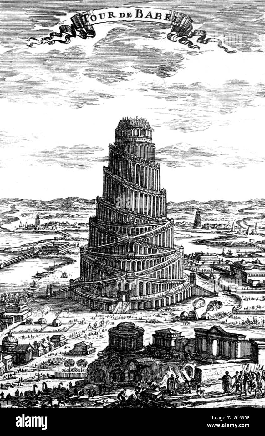 Der Turmbau zu Babel Kupferstich von Alain Manesson Mallet (1630-1706), französischer Kartograph und Ingenieur. Seine Beschreibung de L'Universe enthält eine Vielzahl von Informationen, Sternenkarten, Karten der antiken und modernen Welt und eine Übersicht über die Sitte einschließlich Stockfoto