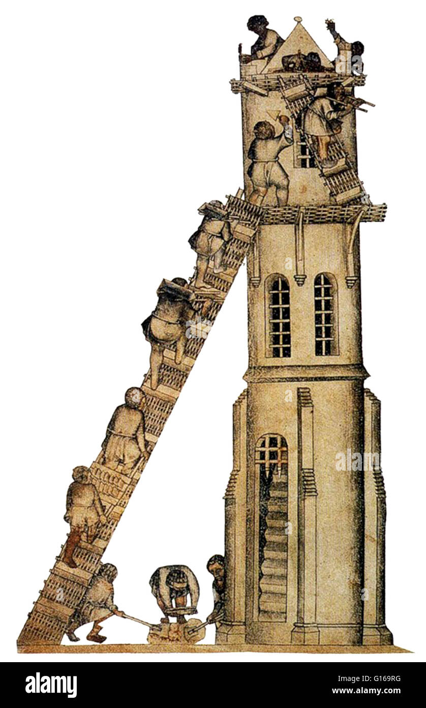 Beispiel für den Bau des Turms von Babel von nicht identifizierten 14. Jahrhundert Manuskript, beachten Sie die Ungenauigkeit der Arbeitnehmer erhöhen Steinen auf einer Plattform der Flechtweide. Nach Genesis baute die Menschen auf der Erde einen Turm zum Himmel zu skalieren. Gott interv Stockfoto