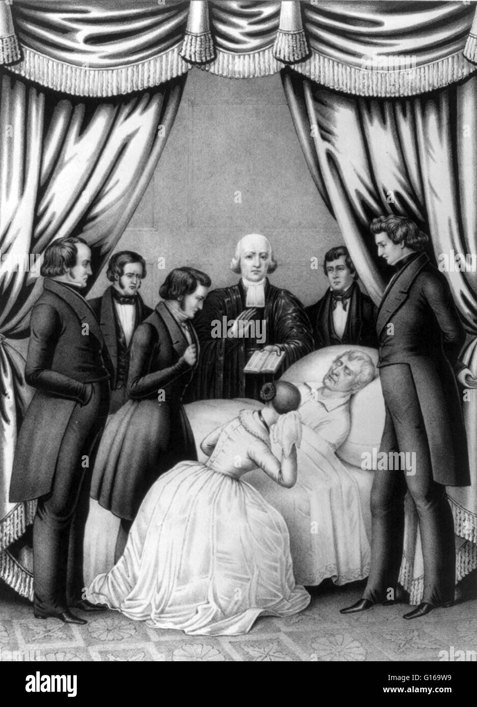 William Harrison auf seinem Todesbett, 1841. Harrison (9. Februar 1773 - 4. April 1841) war der neunte Präsident der USA (1841), ein US-amerikanischer Offizier und Politiker und erster Präsident im Büro zu sterben. Er ist 68 Jahre Stockfoto